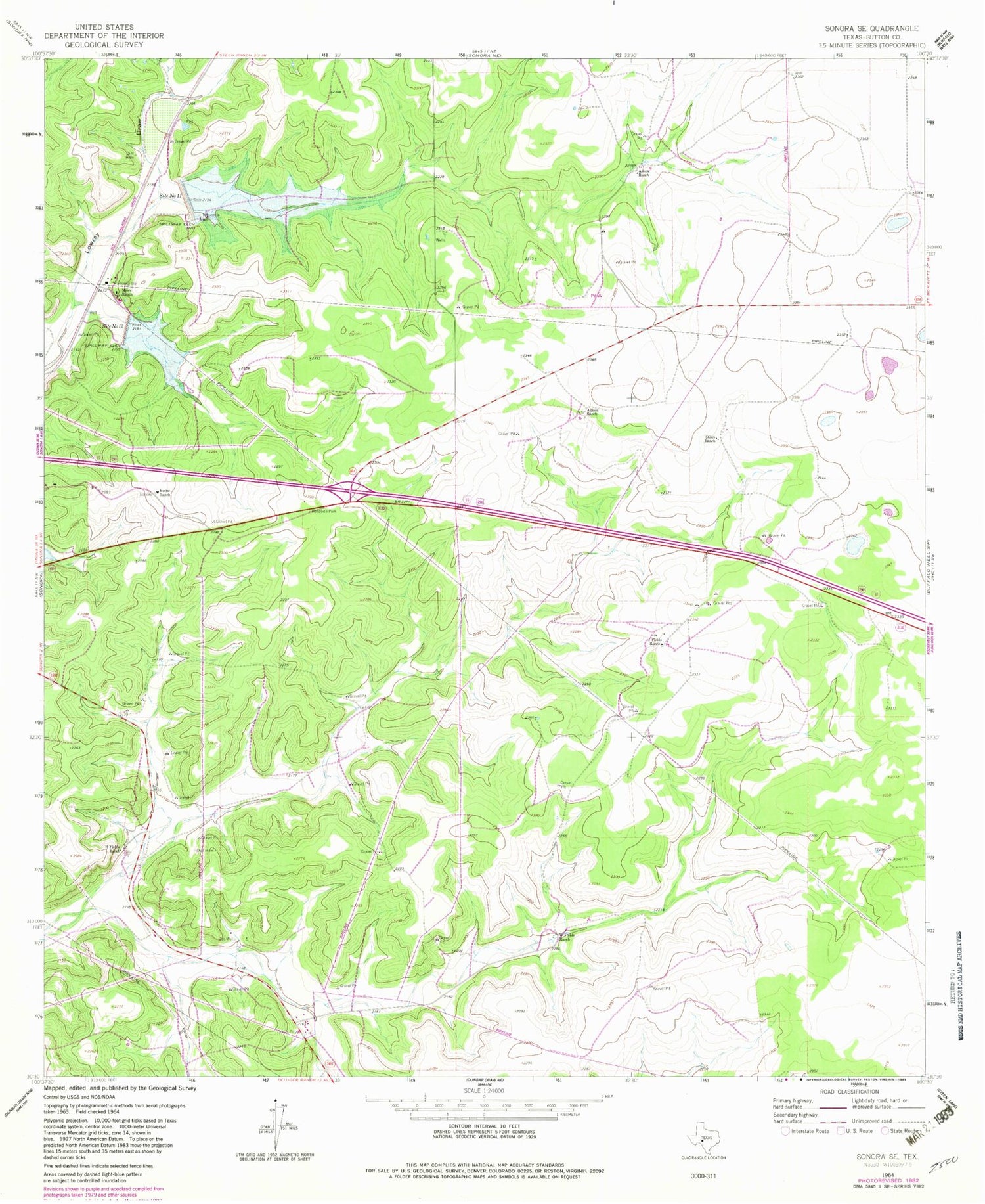 Classic USGS Sonora SE Texas 7.5'x7.5' Topo Map Image