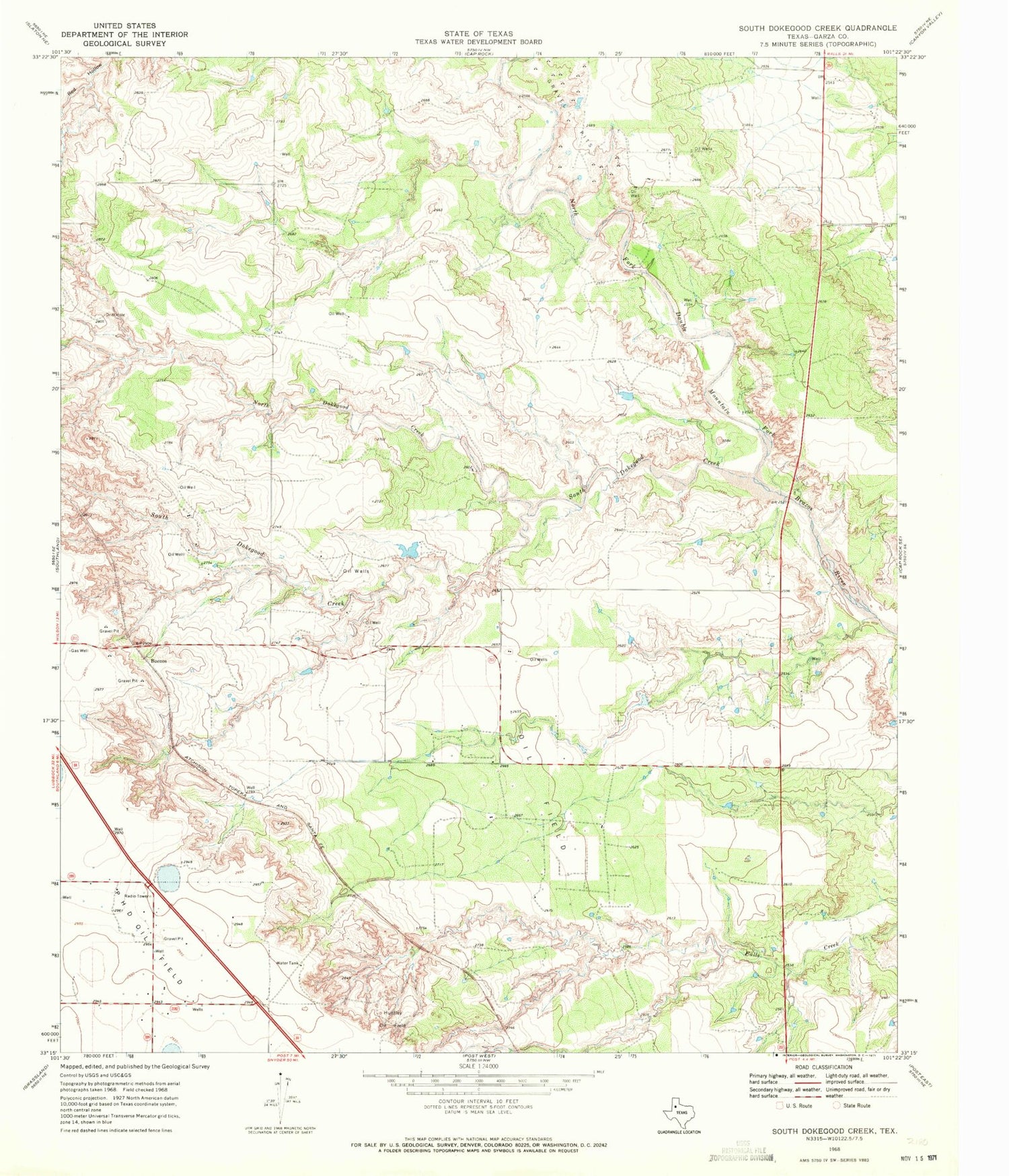 Classic USGS South Dokegood Creek Texas 7.5'x7.5' Topo Map Image