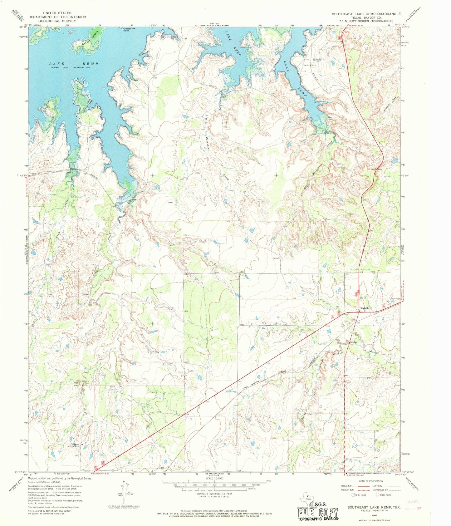 Classic USGS Southeast Lake Kemp Texas 7.5'x7.5' Topo Map Image