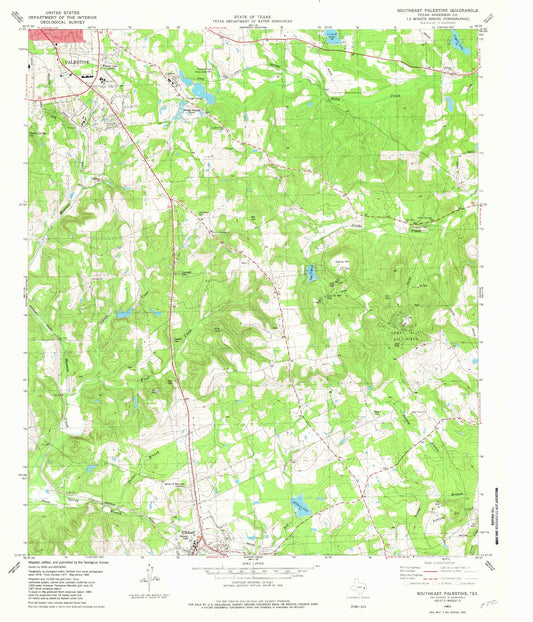 Classic USGS Southeast Palestine Texas 7.5'x7.5' Topo Map Image