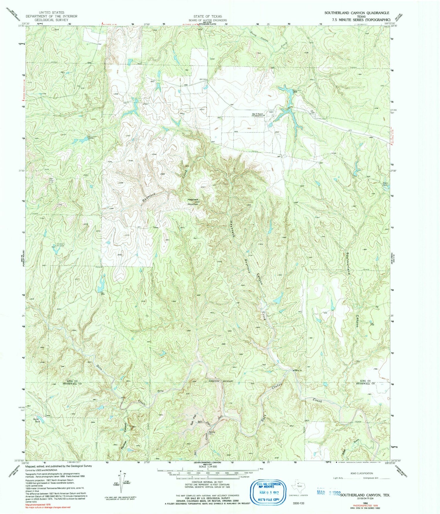 Classic USGS Southerland Canyon Texas 7.5'x7.5' Topo Map Image