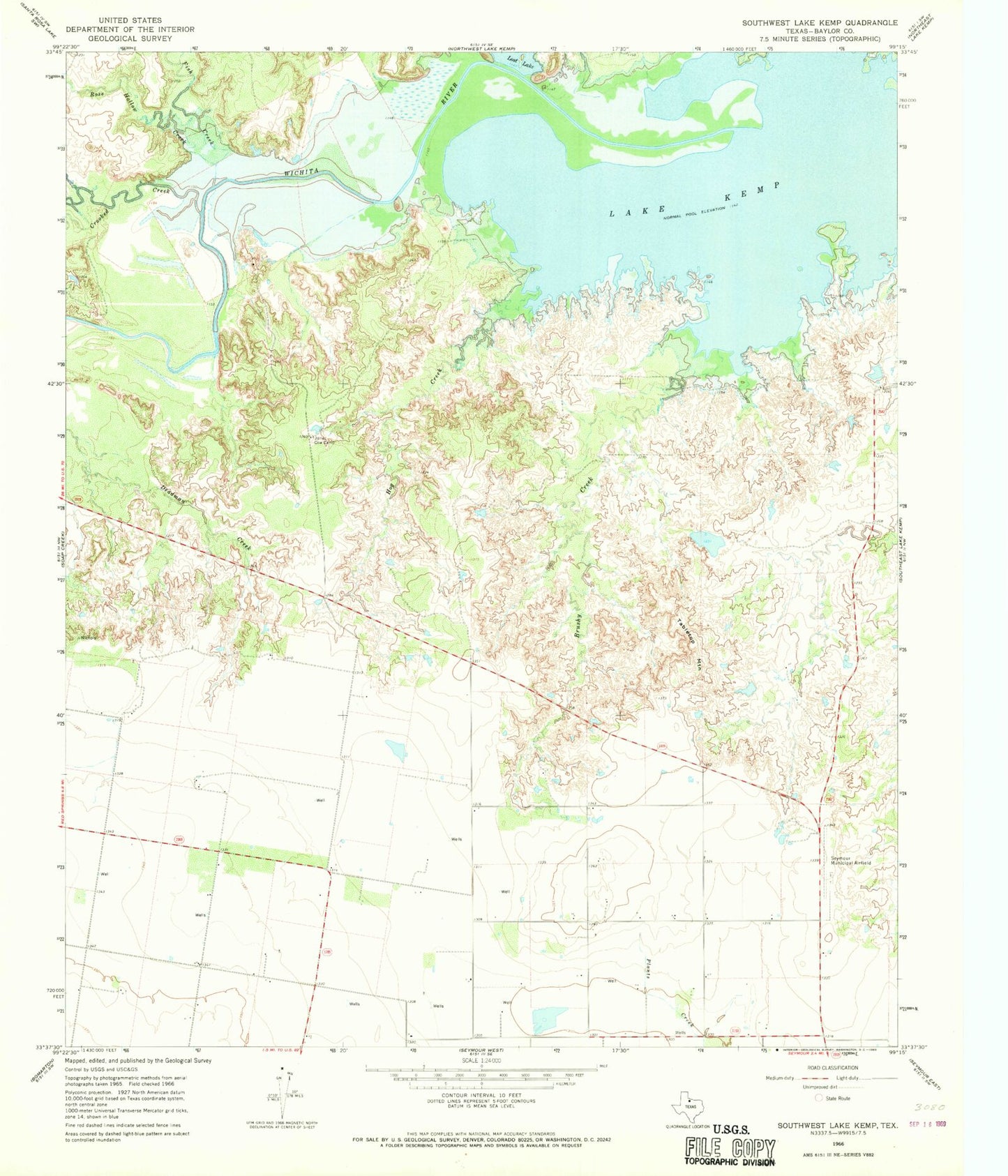 Classic USGS Southwest Lake Kemp Texas 7.5'x7.5' Topo Map Image