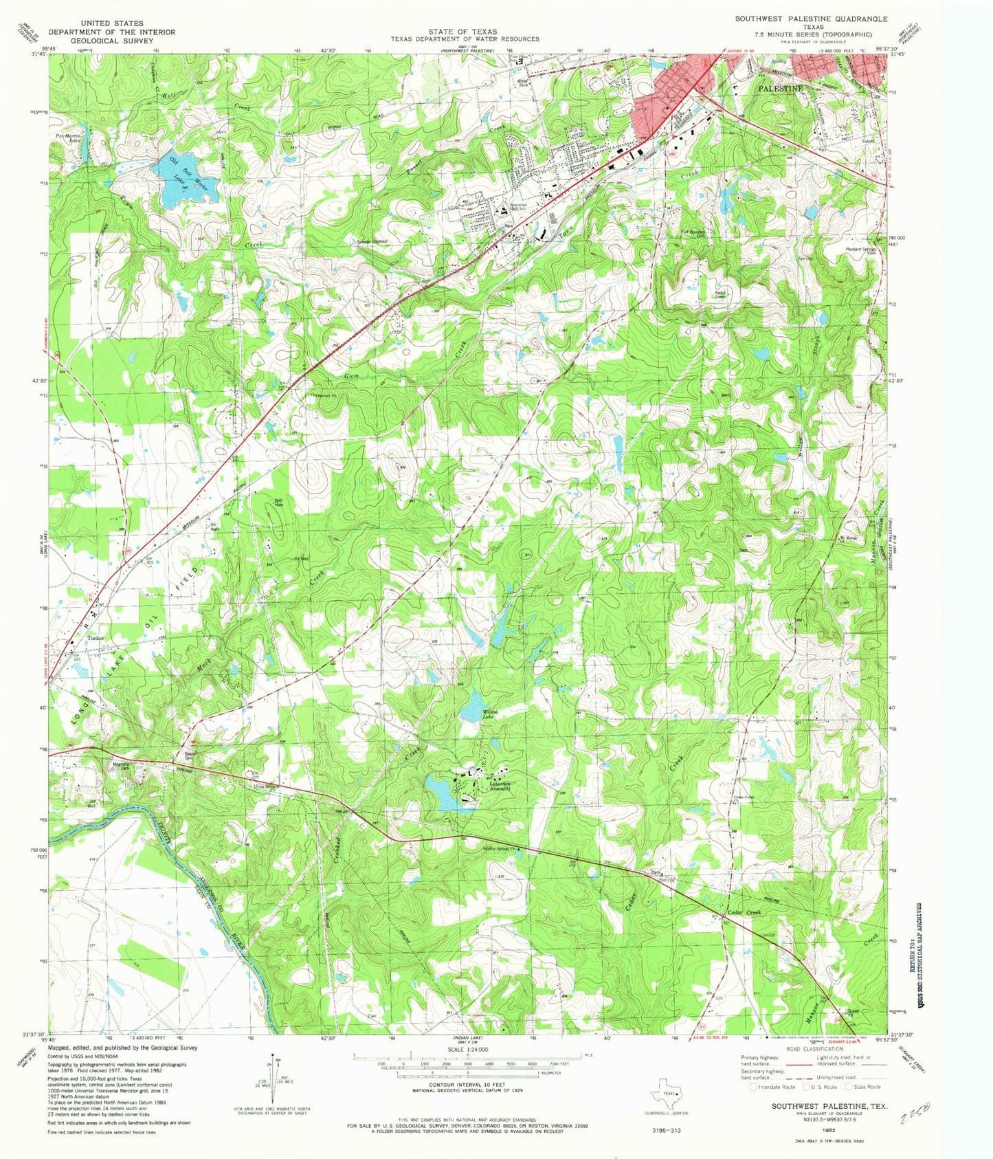 Classic USGS Southwest Palestine Texas 7.5'x7.5' Topo Map Image