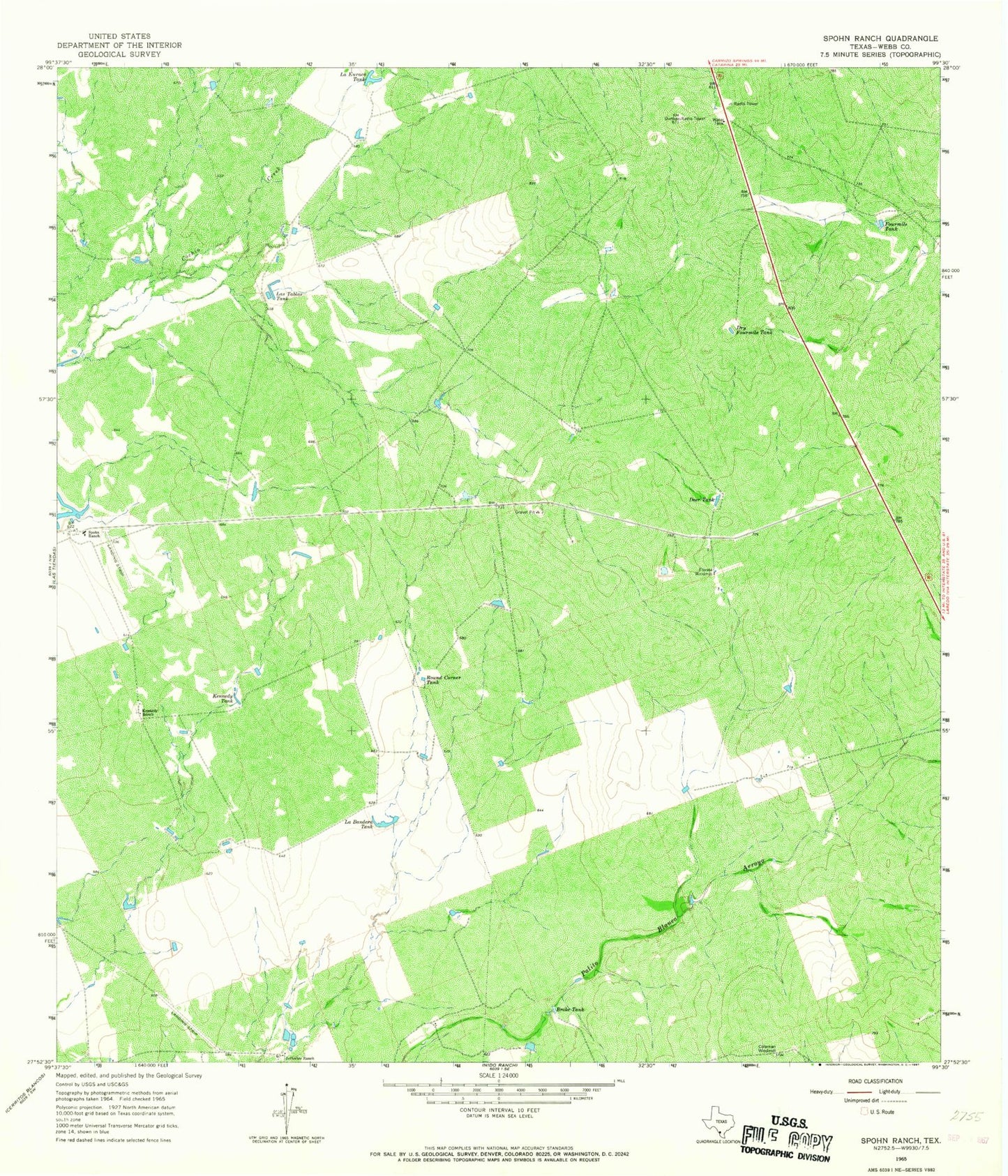 Classic USGS Spohn Ranch Texas 7.5'x7.5' Topo Map Image