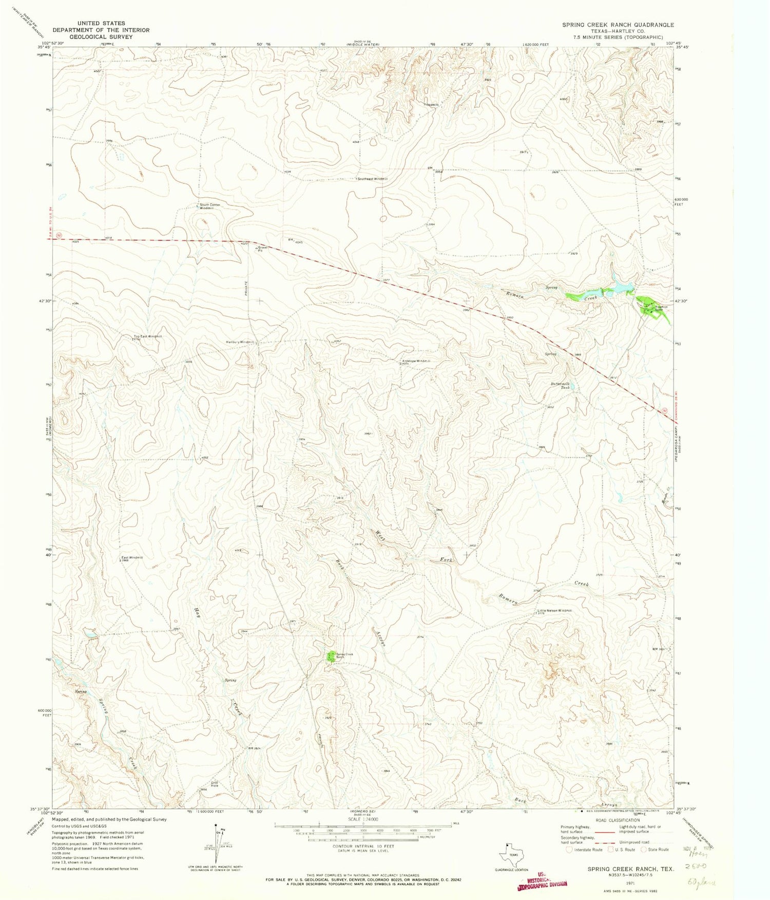 Classic USGS Spring Creek Ranch Texas 7.5'x7.5' Topo Map Image
