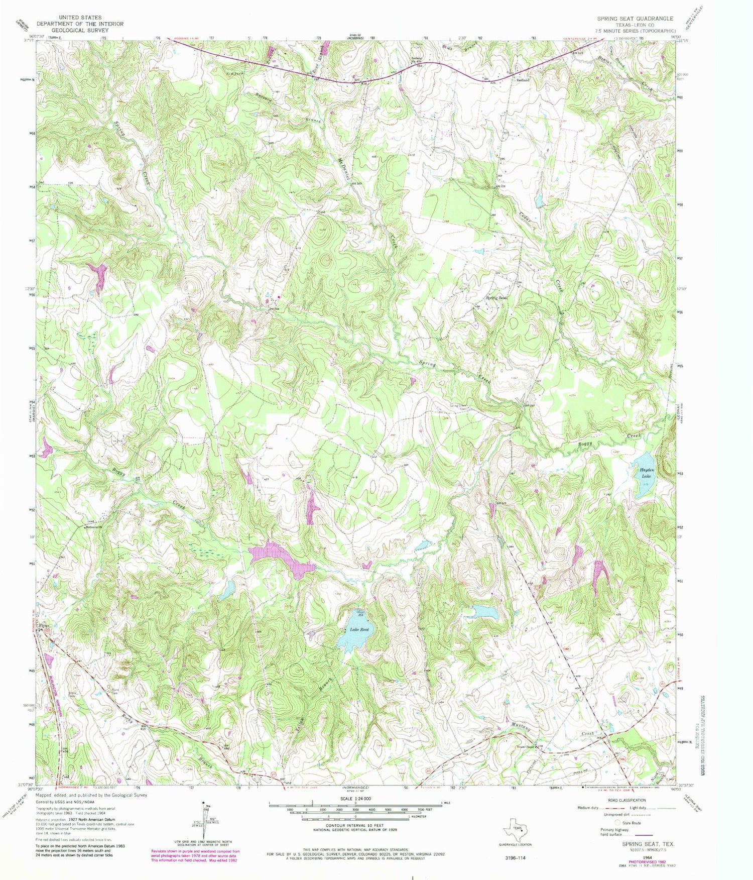 Classic USGS Spring Seat Texas 7.5'x7.5' Topo Map Image