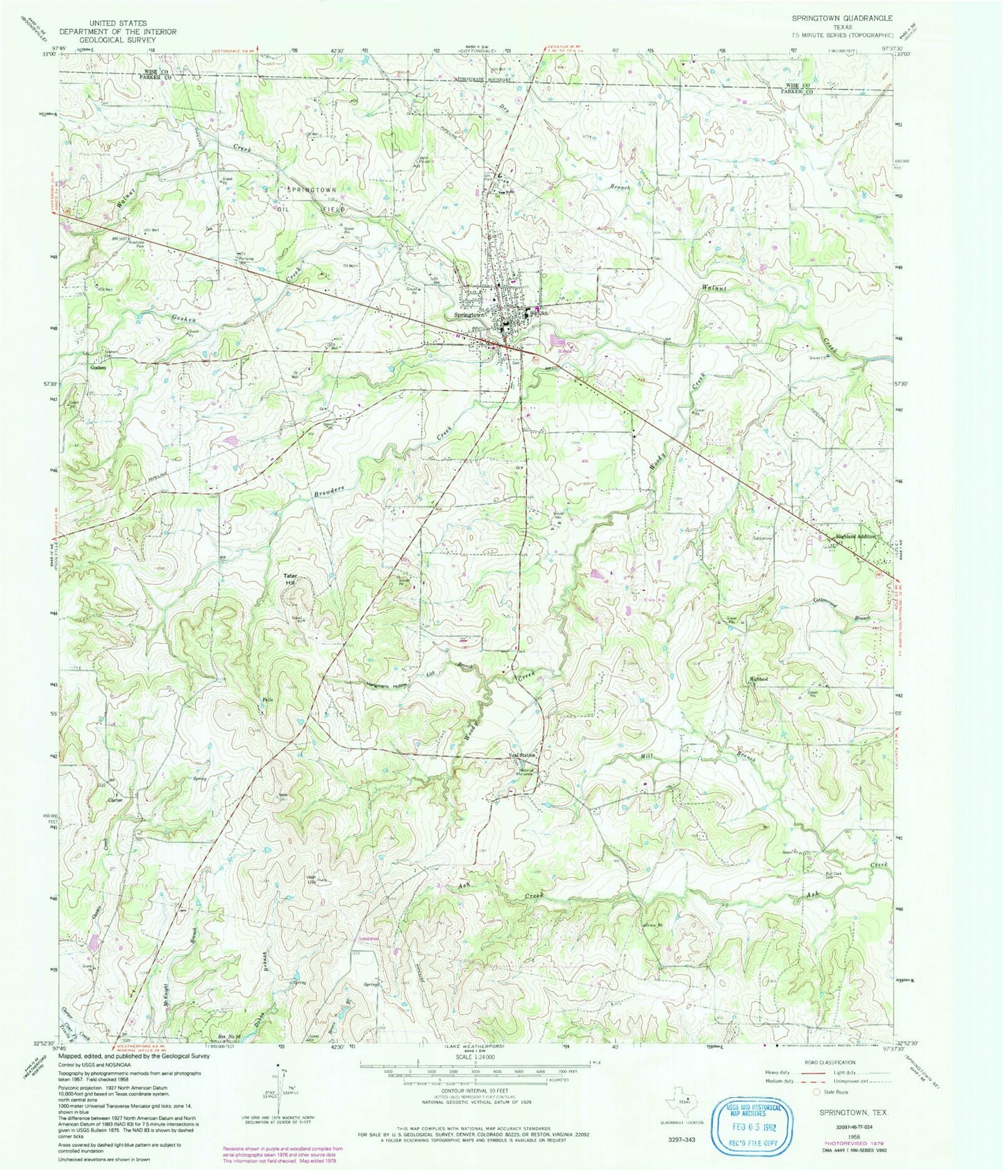 Classic USGS Springtown Texas 7.5'x7.5' Topo Map Image