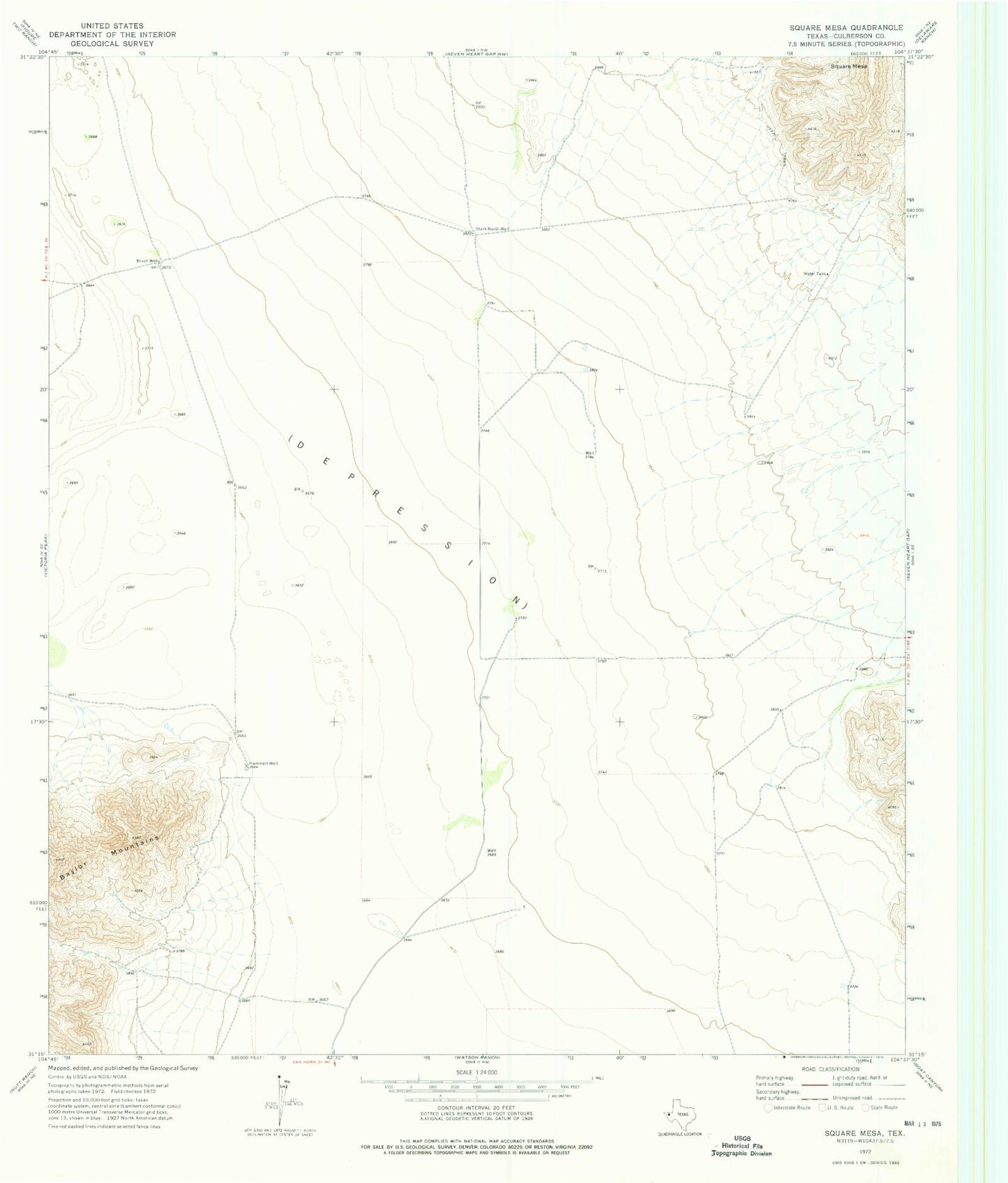Classic USGS Square Mesa Texas 7.5'x7.5' Topo Map Image