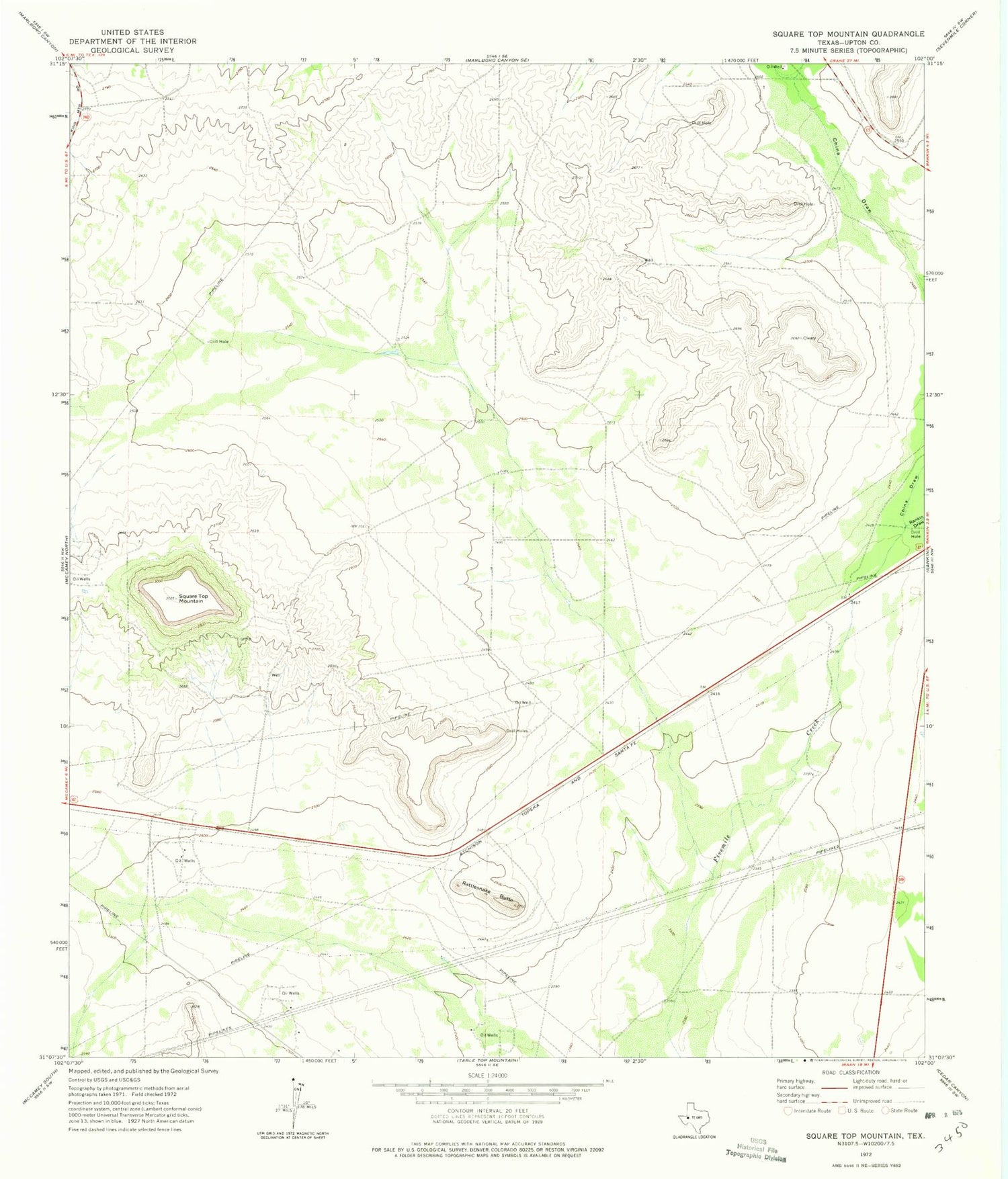 Classic USGS Square Top Mountain Texas 7.5'x7.5' Topo Map Image