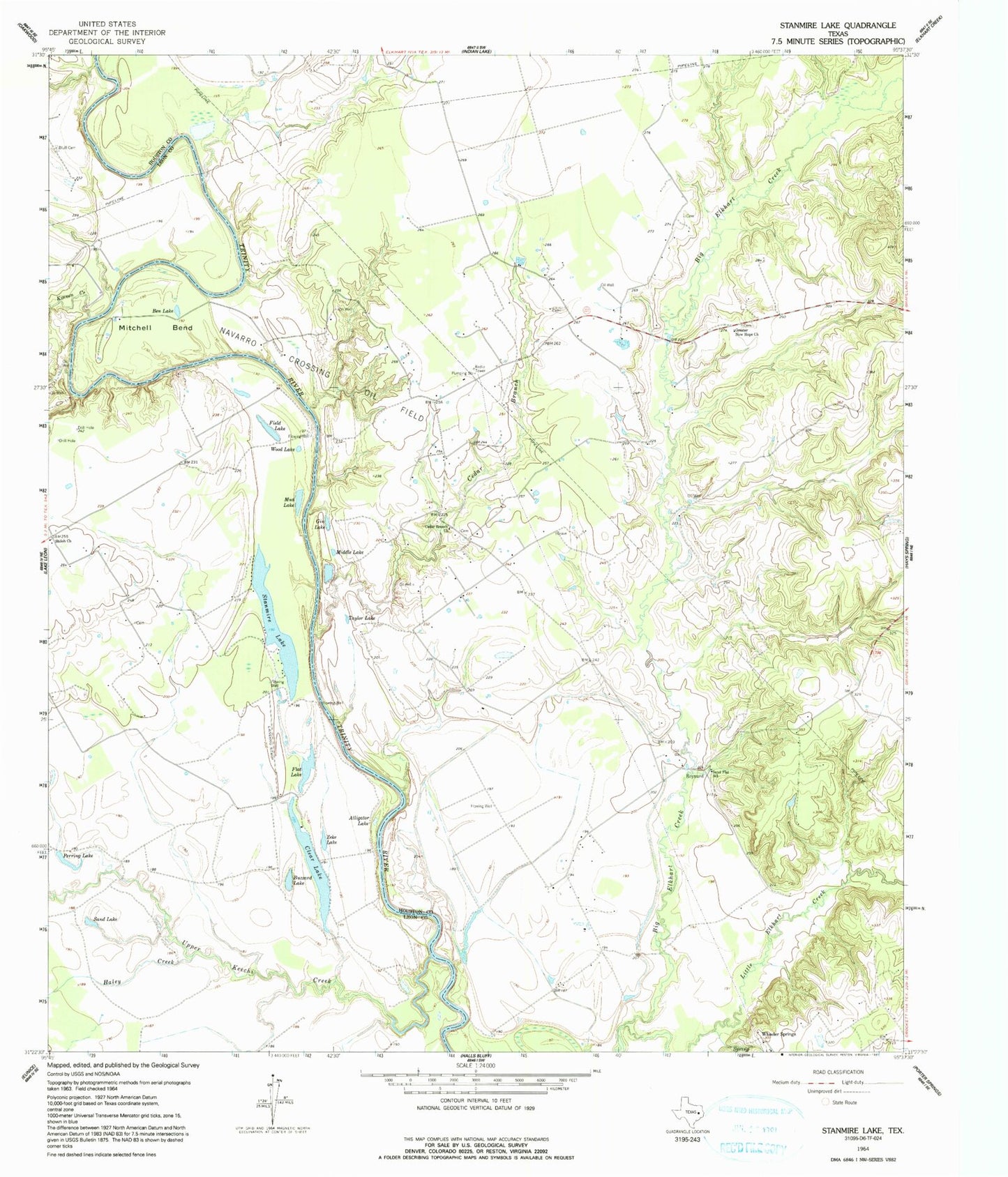 Classic USGS Stanmire Lake Texas 7.5'x7.5' Topo Map Image
