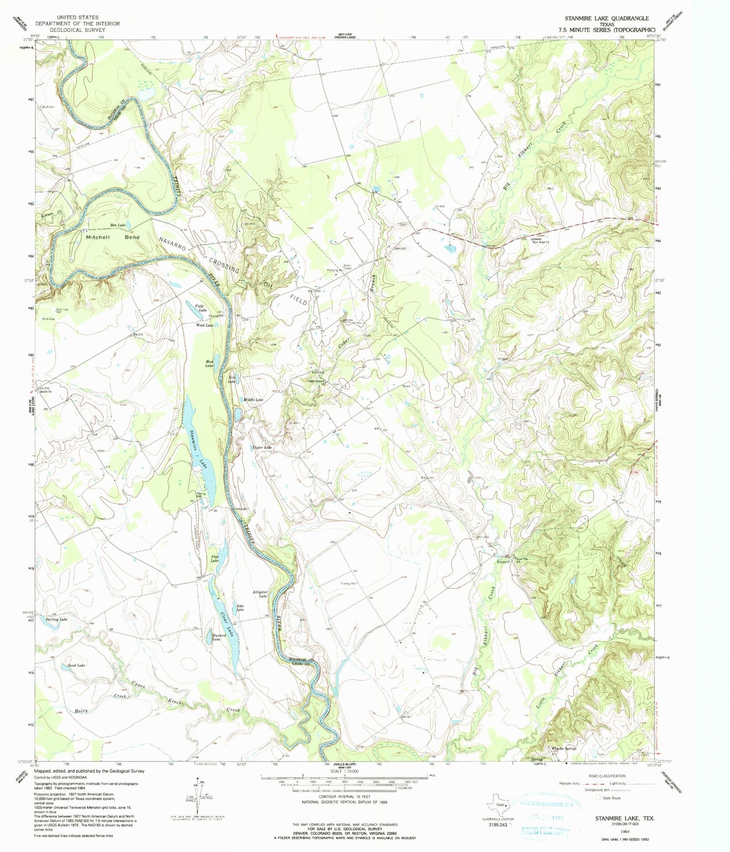 Classic USGS Stanmire Lake Texas 7.5'x7.5' Topo Map Image