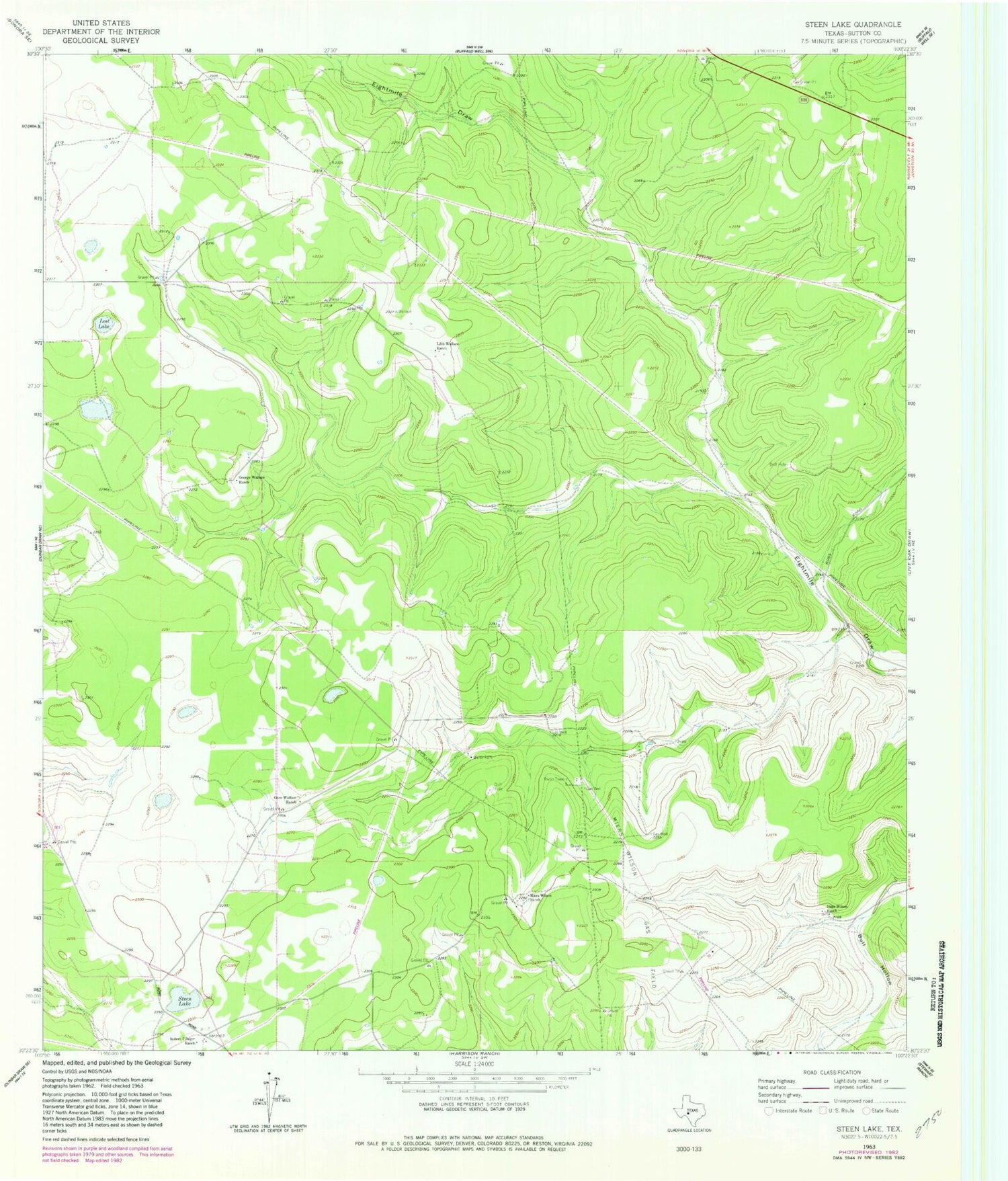 Classic USGS Steen Lake Texas 7.5'x7.5' Topo Map Image