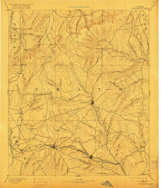 Historic 1890 Stephenville Texas 30'x30' Topo Map Image