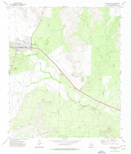 Classic USGS Sterling City Texas 7.5'x7.5' Topo Map Image