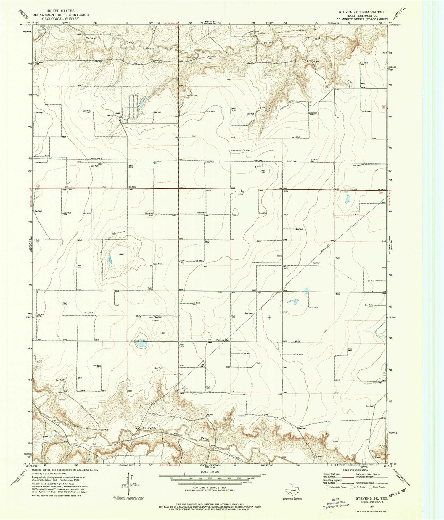 Classic USGS Stevens SE Texas 7.5'x7.5' Topo Map Image