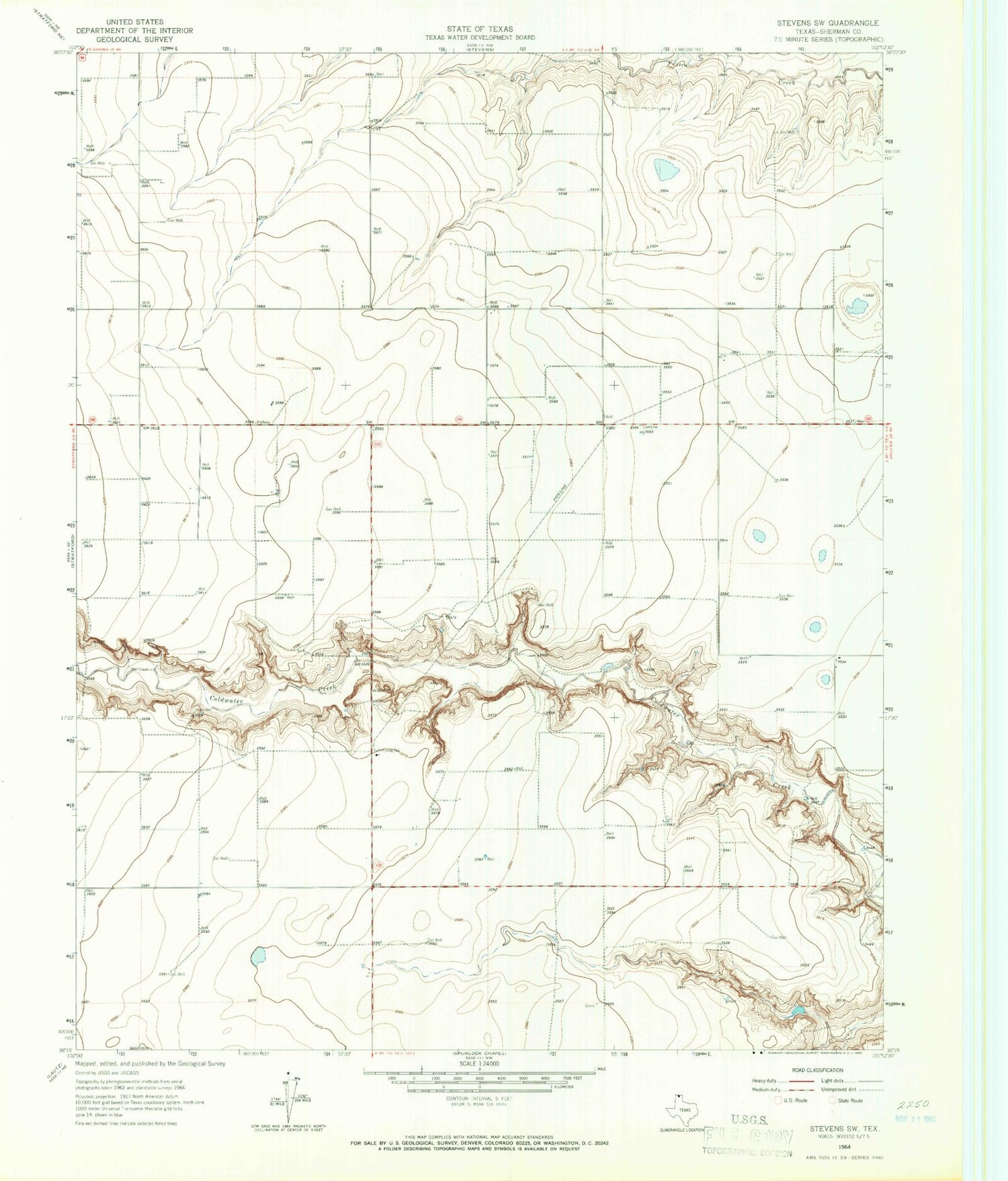 Classic USGS Stevens SW Texas 7.5'x7.5' Topo Map Image