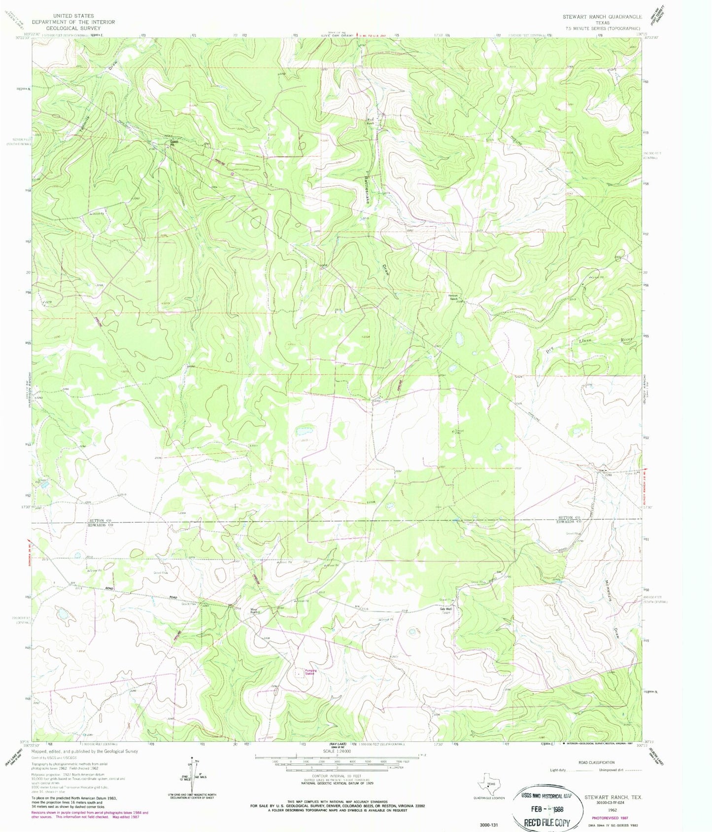 Classic USGS Stewart Ranch Texas 7.5'x7.5' Topo Map Image