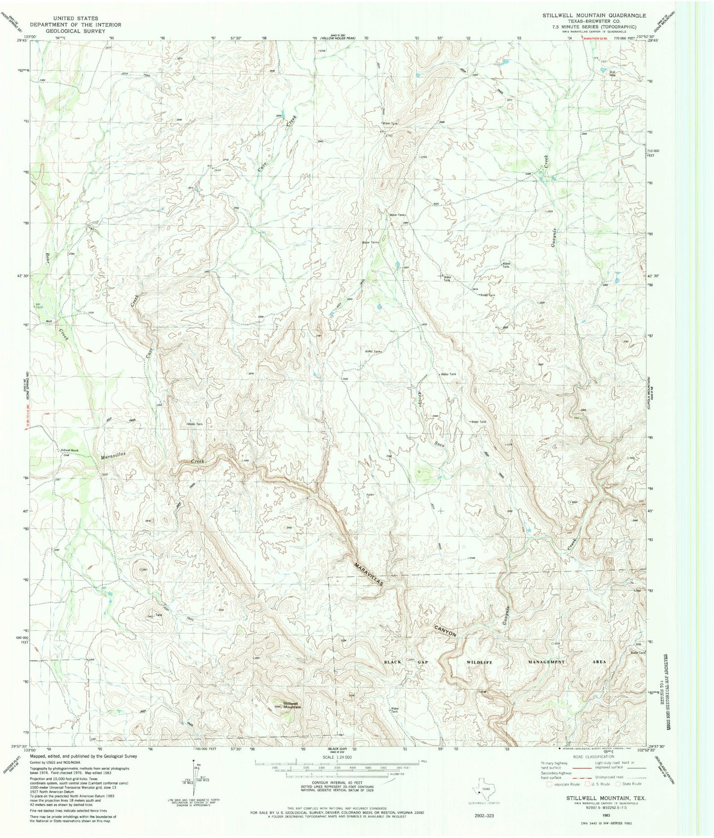 Classic USGS Stillwell Mountain Texas 7.5'x7.5' Topo Map Image