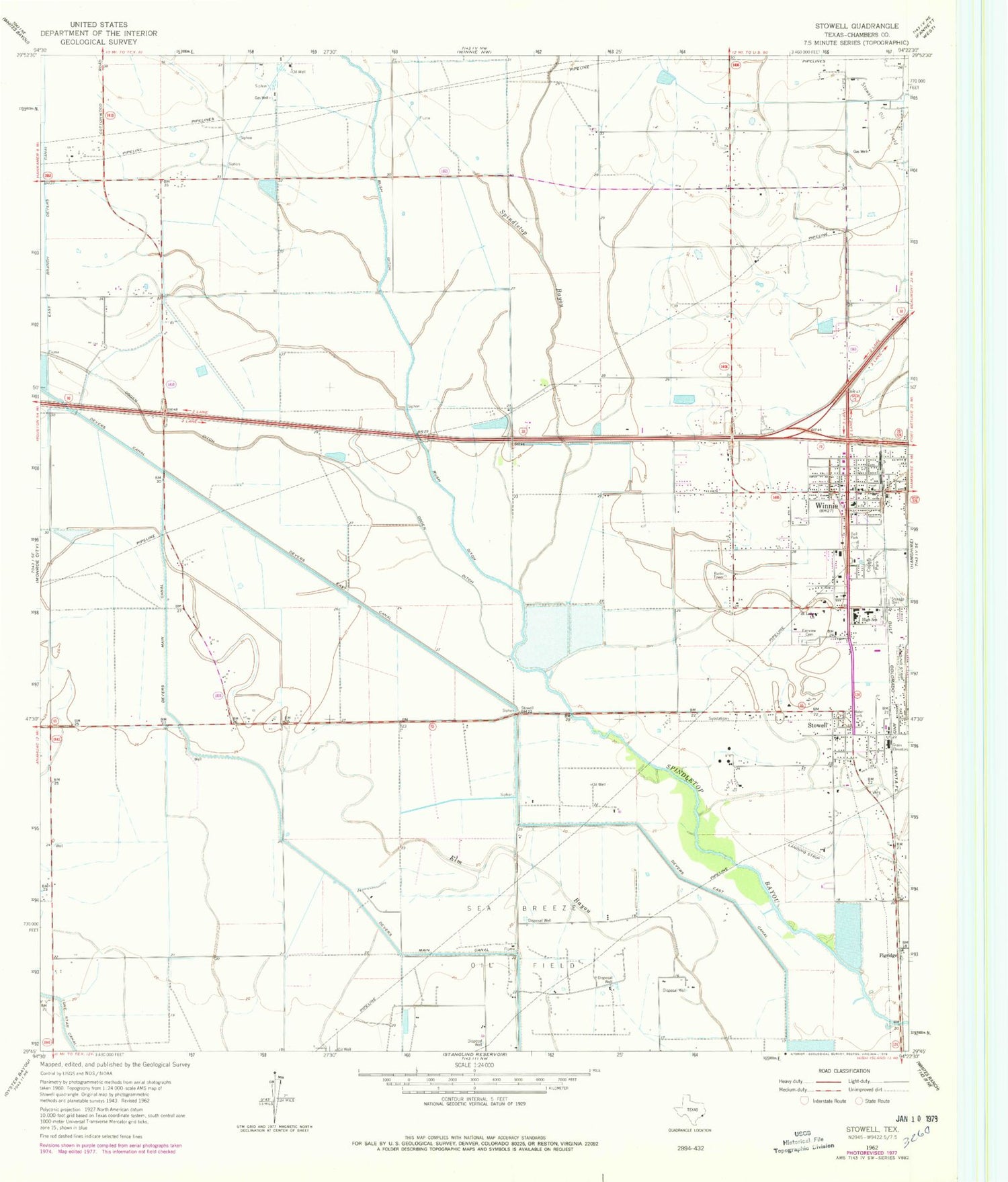 Classic USGS Stowell Texas 7.5'x7.5' Topo Map Image