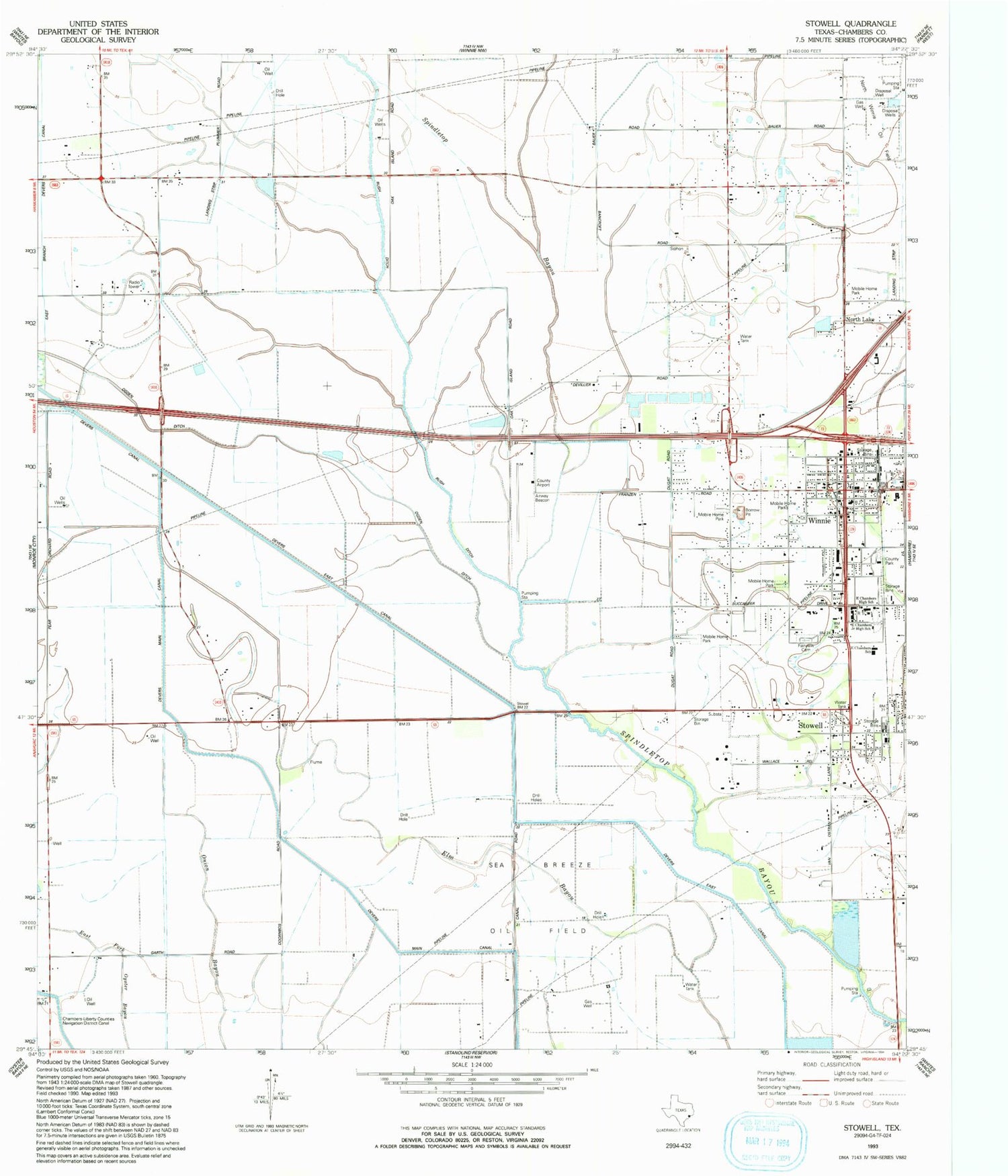Classic USGS Stowell Texas 7.5'x7.5' Topo Map Image