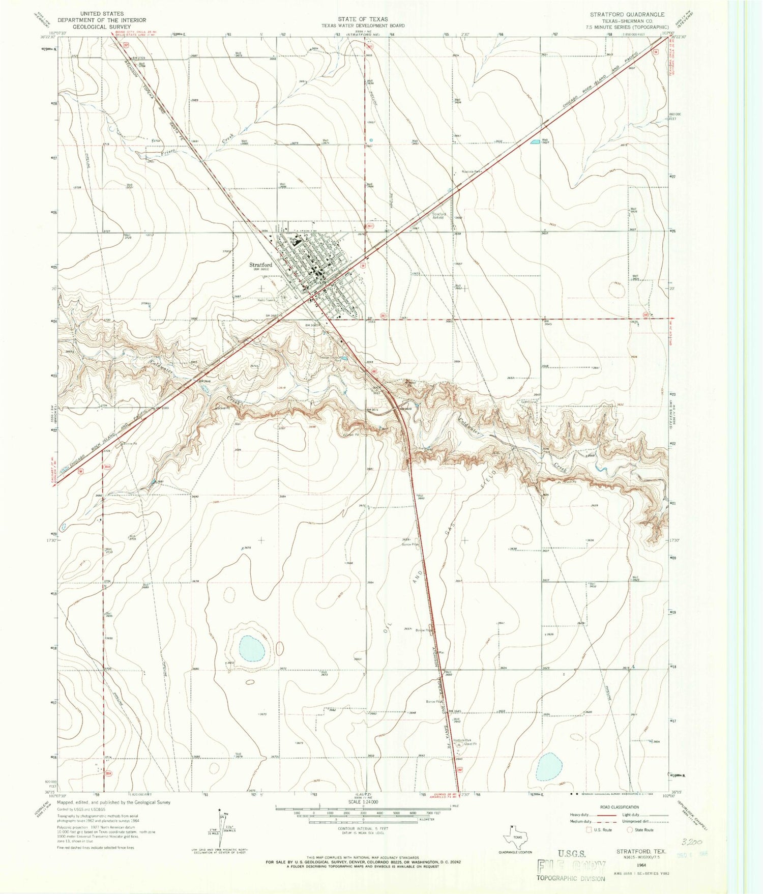 Classic USGS Stratford Texas 7.5'x7.5' Topo Map Image