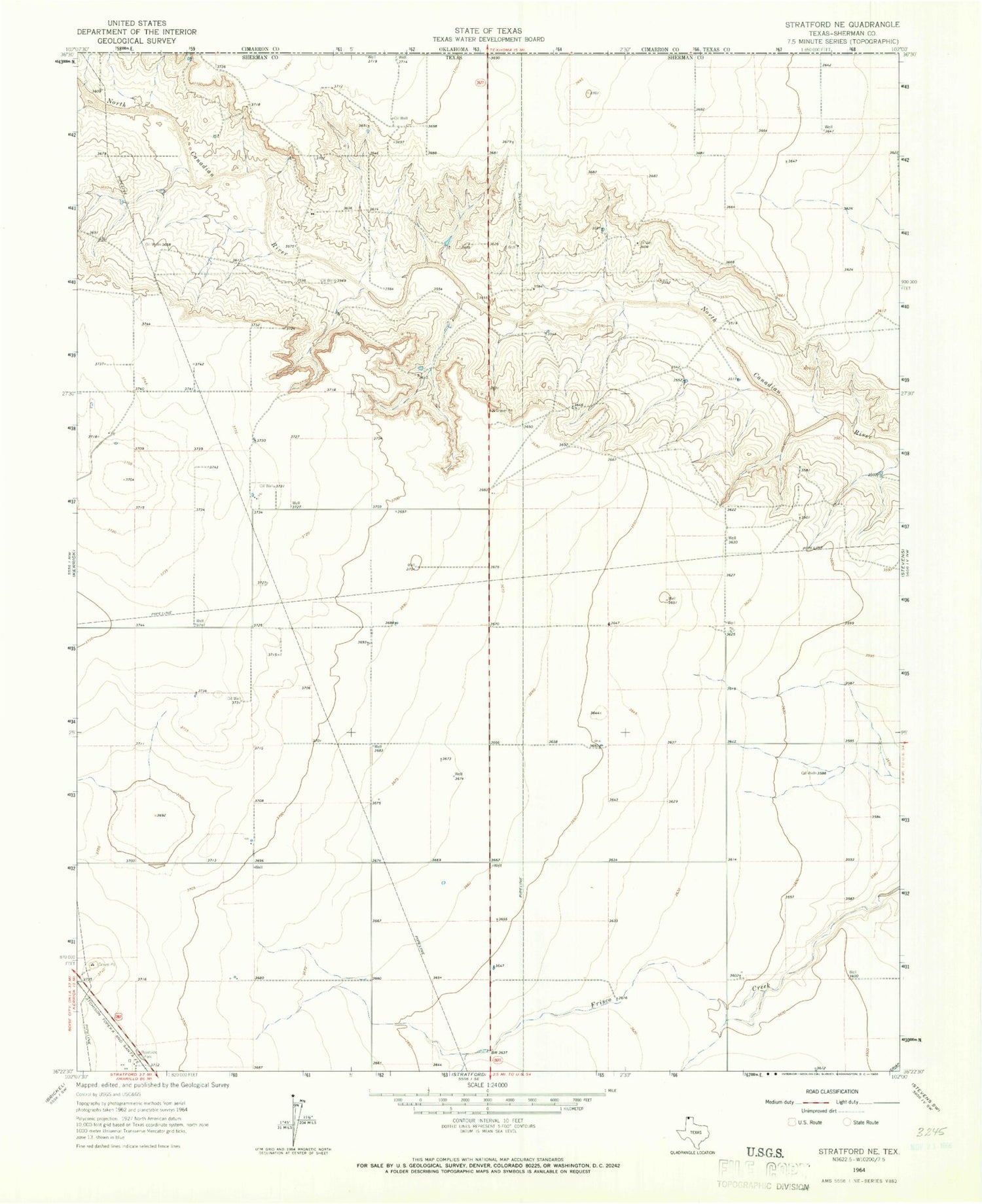 Classic USGS Stratford NE Texas 7.5'x7.5' Topo Map Image