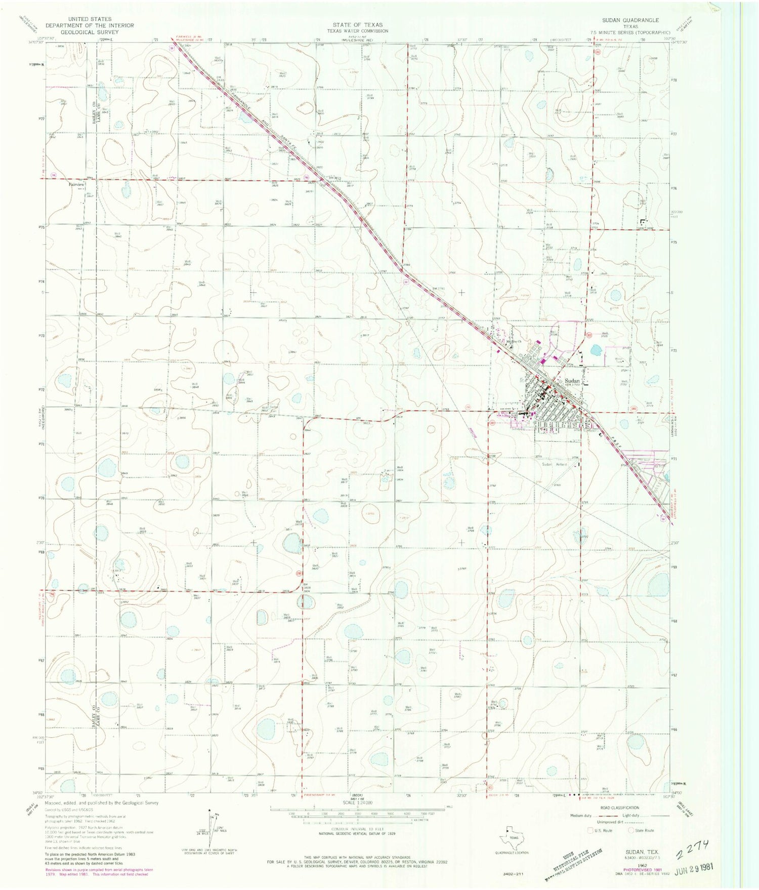 Classic USGS Sudan Texas 7.5'x7.5' Topo Map Image