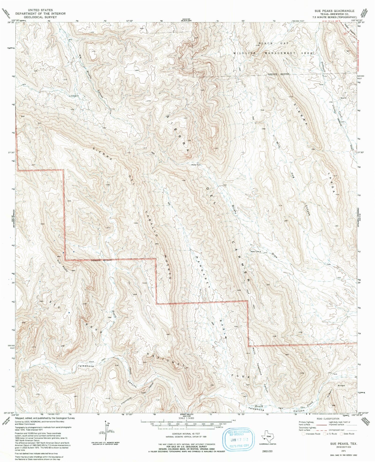 Classic USGS Sue Peaks Texas 7.5'x7.5' Topo Map Image