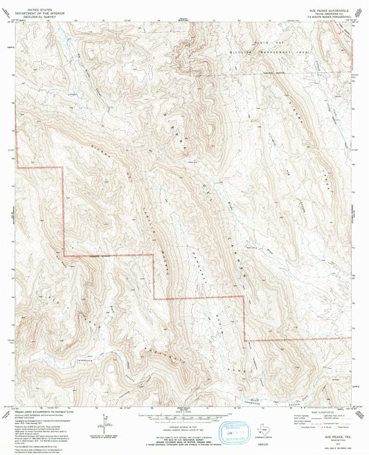 Classic USGS Sue Peaks Texas 7.5'x7.5' Topo Map Image