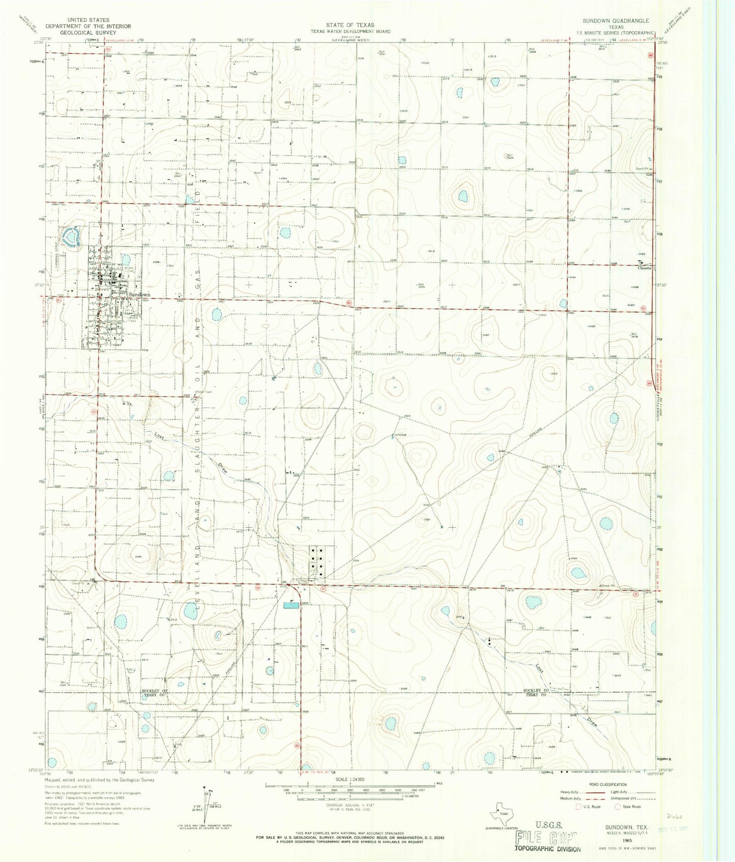 Classic USGS Sundown Texas 7.5'x7.5' Topo Map Image