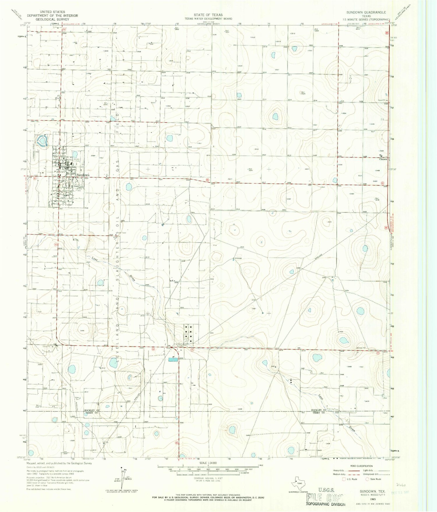 Classic USGS Sundown Texas 7.5'x7.5' Topo Map Image