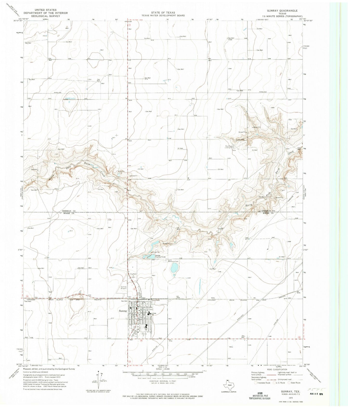 Classic USGS Sunray Texas 7.5'x7.5' Topo Map Image