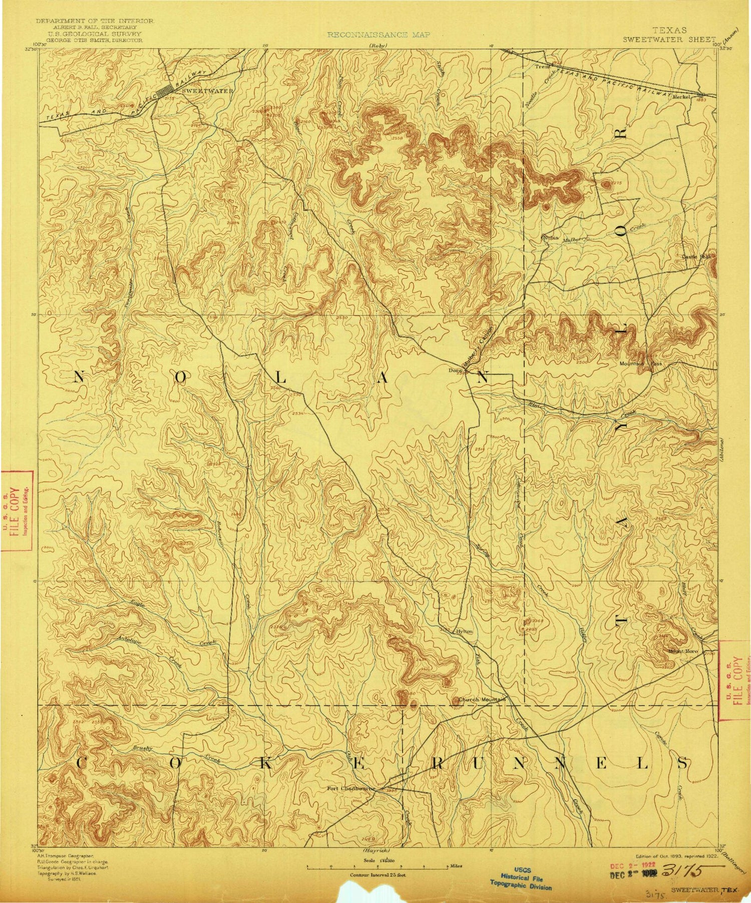 Historic 1893 Sweetwater Texas 30'x30' Topo Map Image
