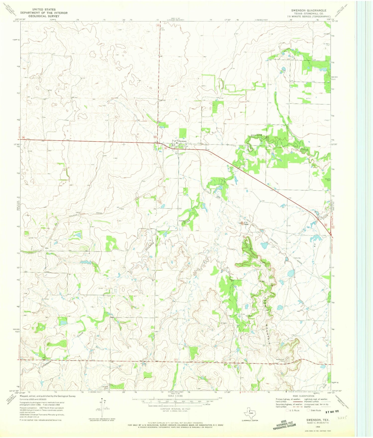 Classic USGS Swenson Texas 7.5'x7.5' Topo Map Image