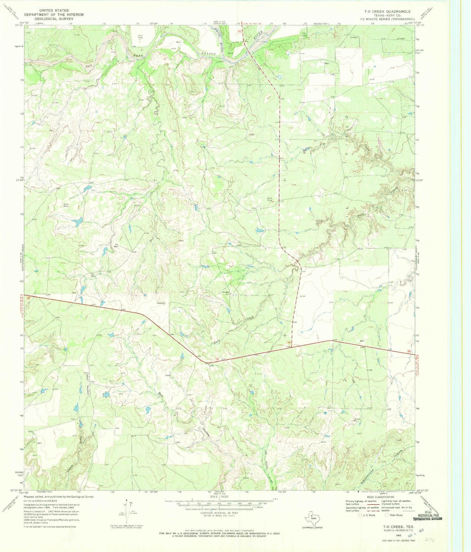 Classic USGS T-O Creek Texas 7.5'x7.5' Topo Map Image