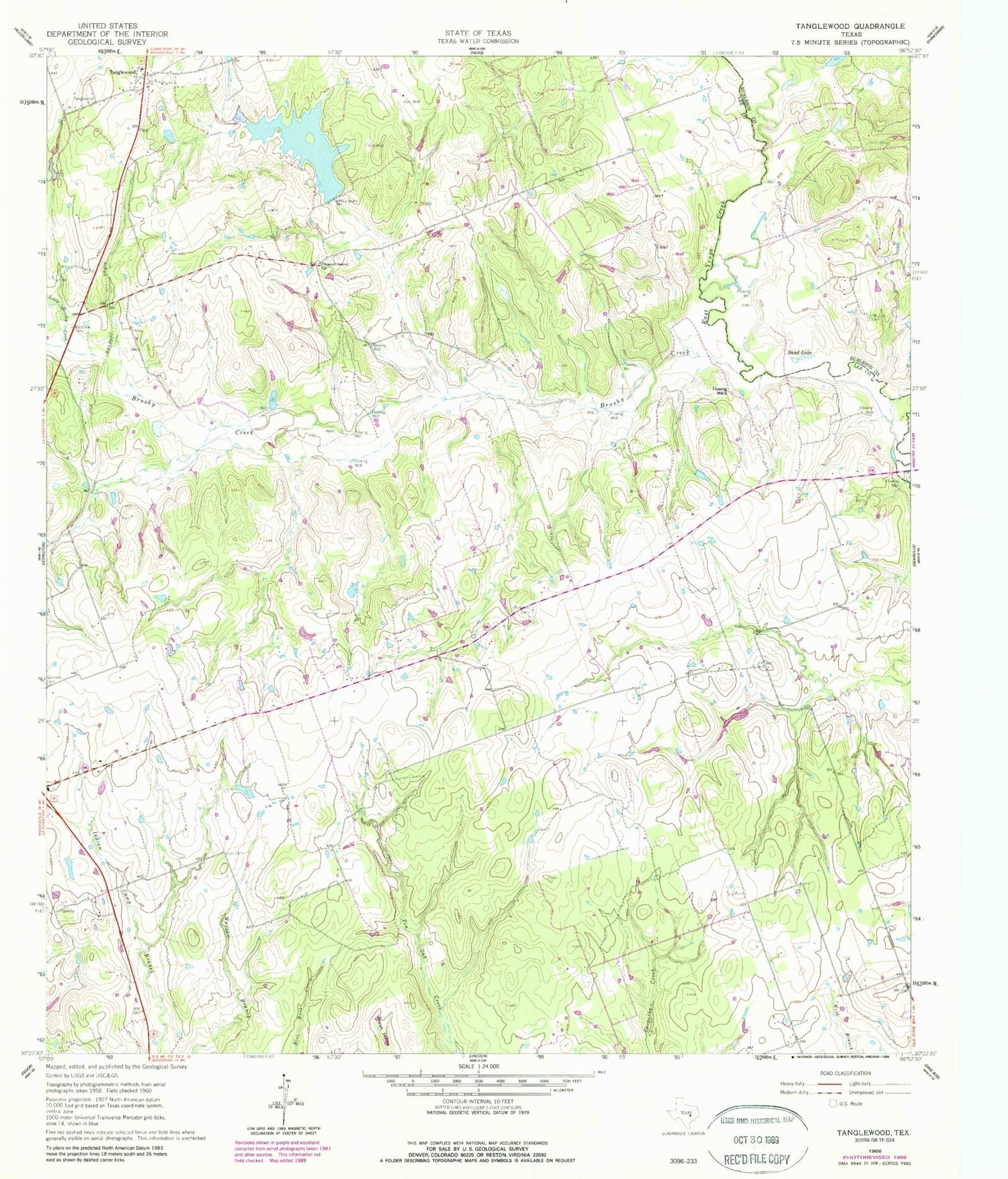 Classic USGS Tanglewood Texas 7.5'x7.5' Topo Map Image