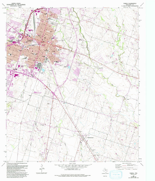 Classic USGS Temple Texas 7.5'x7.5' Topo Map Image