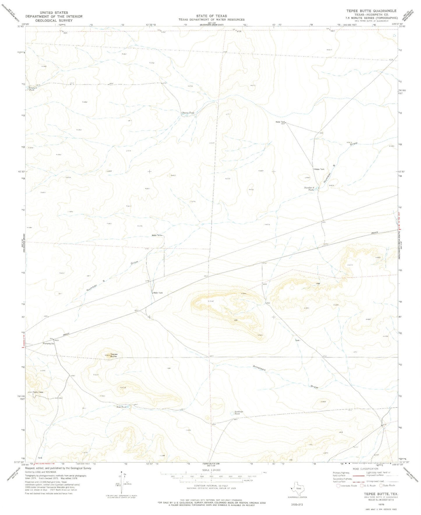 Classic USGS Tepee Butte Texas 7.5'x7.5' Topo Map Image