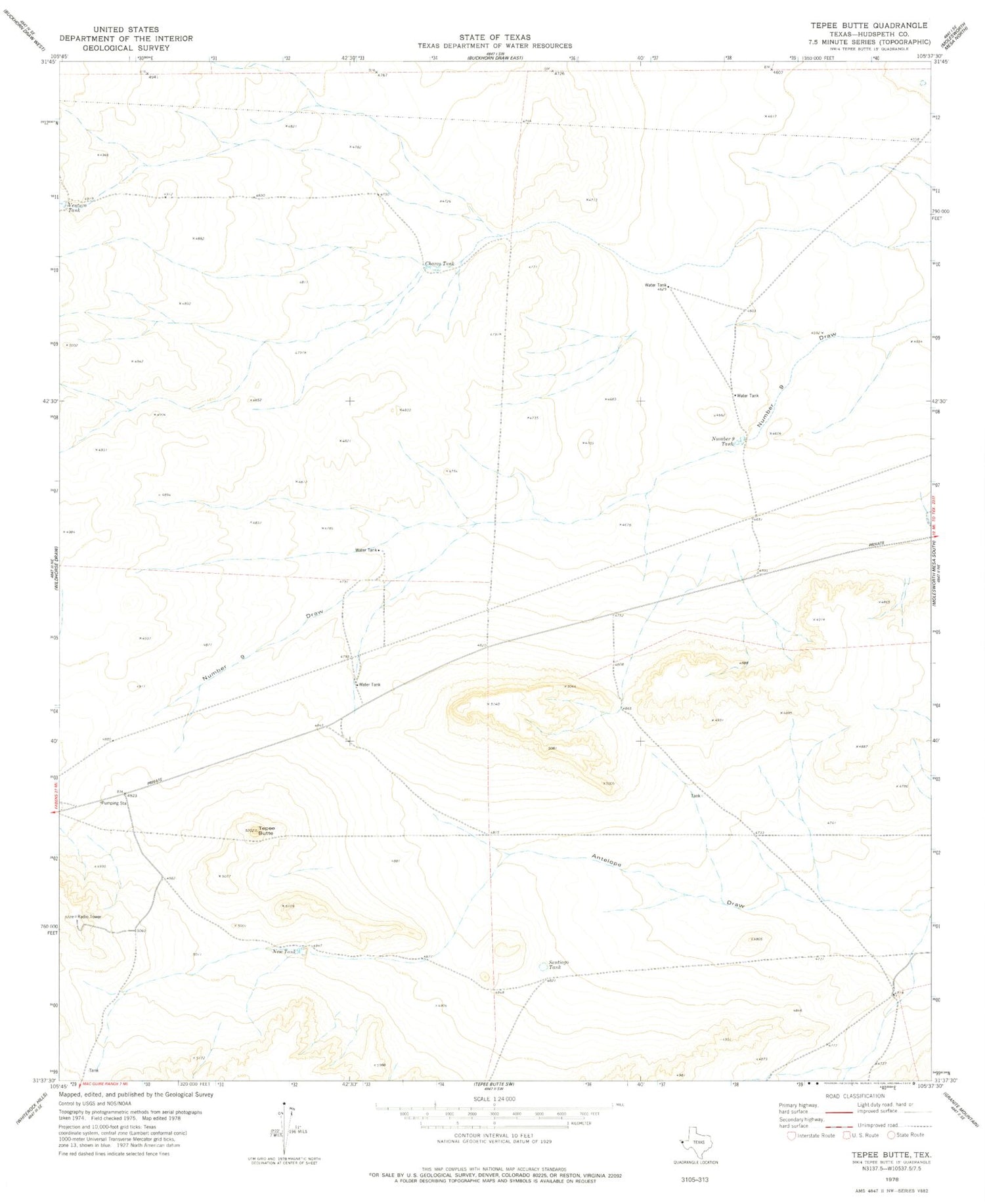 Classic USGS Tepee Butte Texas 7.5'x7.5' Topo Map Image