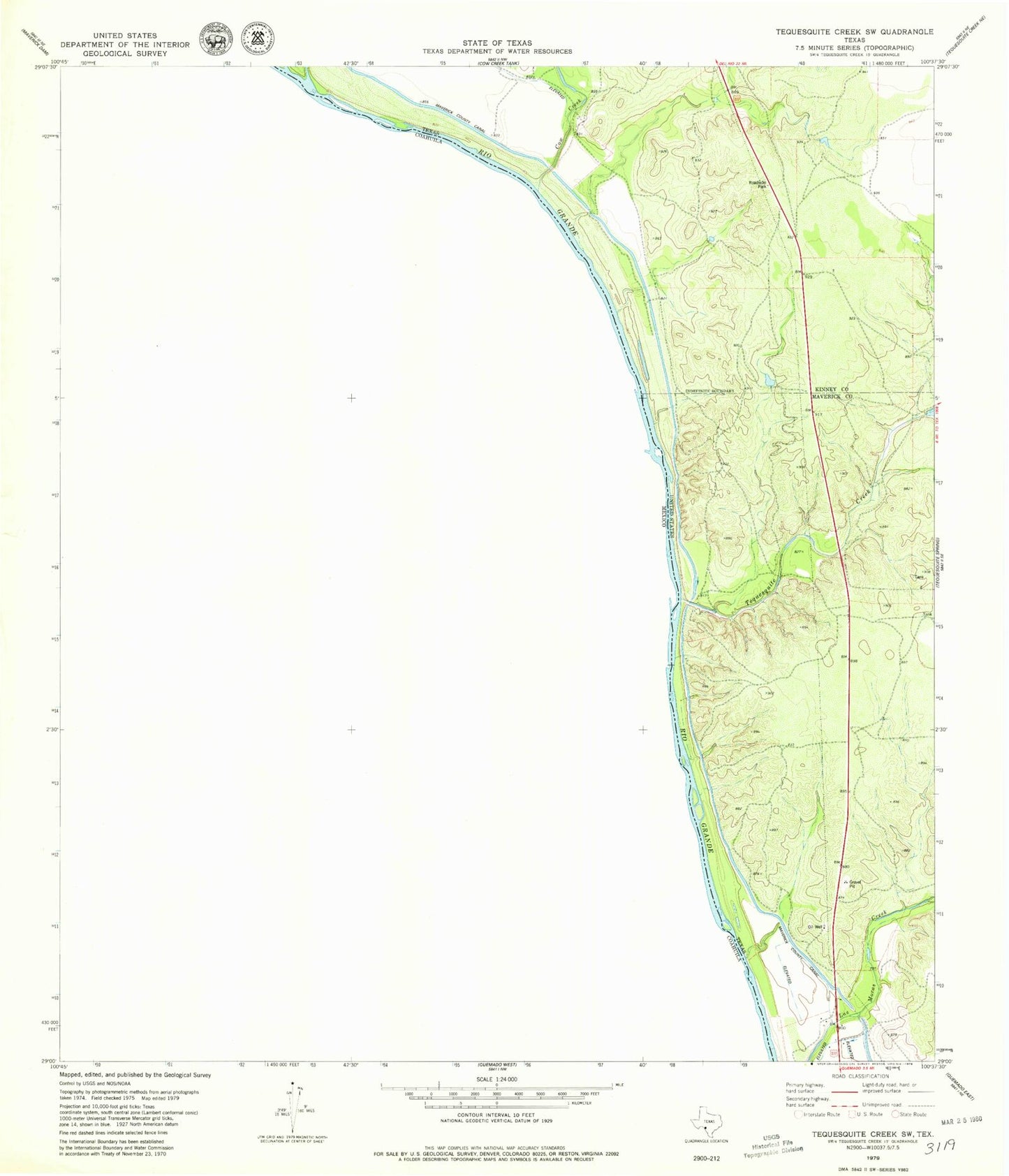 Classic USGS Tequesquite Creek SW Texas 7.5'x7.5' Topo Map Image