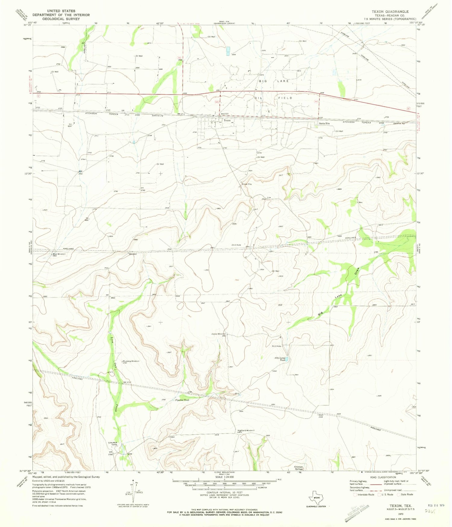 Classic USGS Texon Texas 7.5'x7.5' Topo Map Image