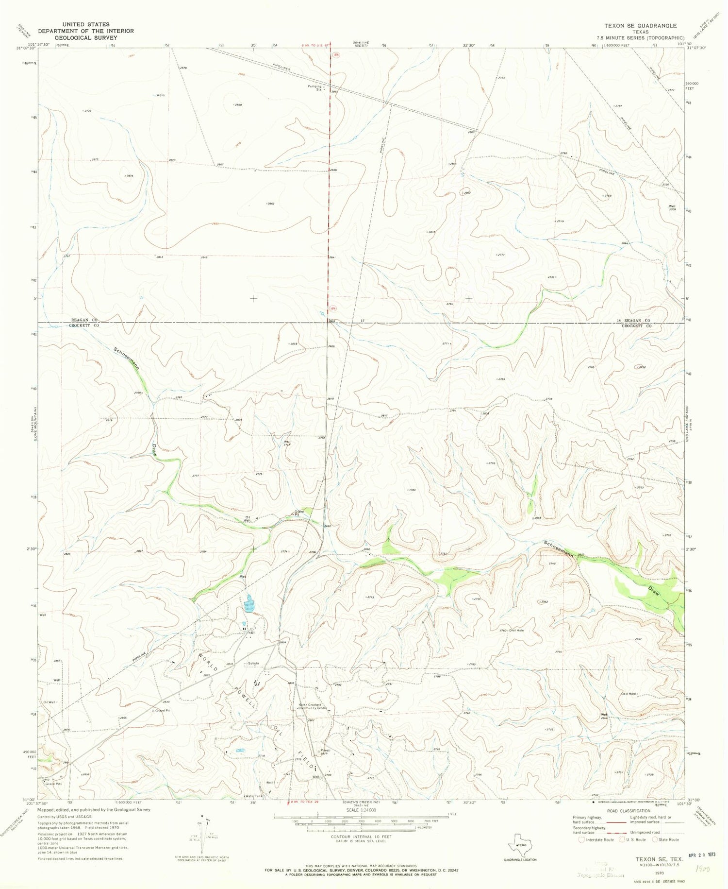 Classic USGS Texon SE Texas 7.5'x7.5' Topo Map Image