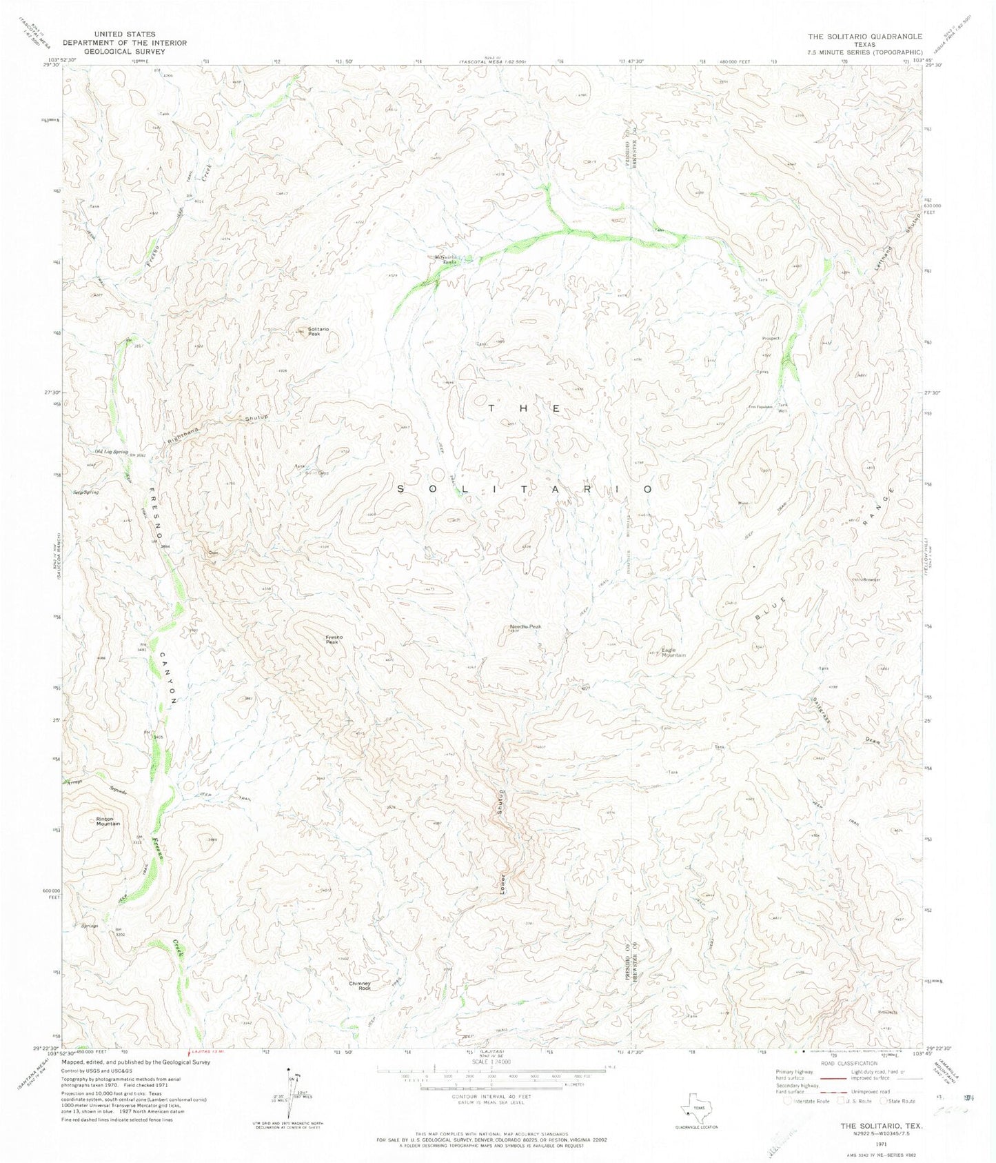 Classic USGS The Solitario Texas 7.5'x7.5' Topo Map Image