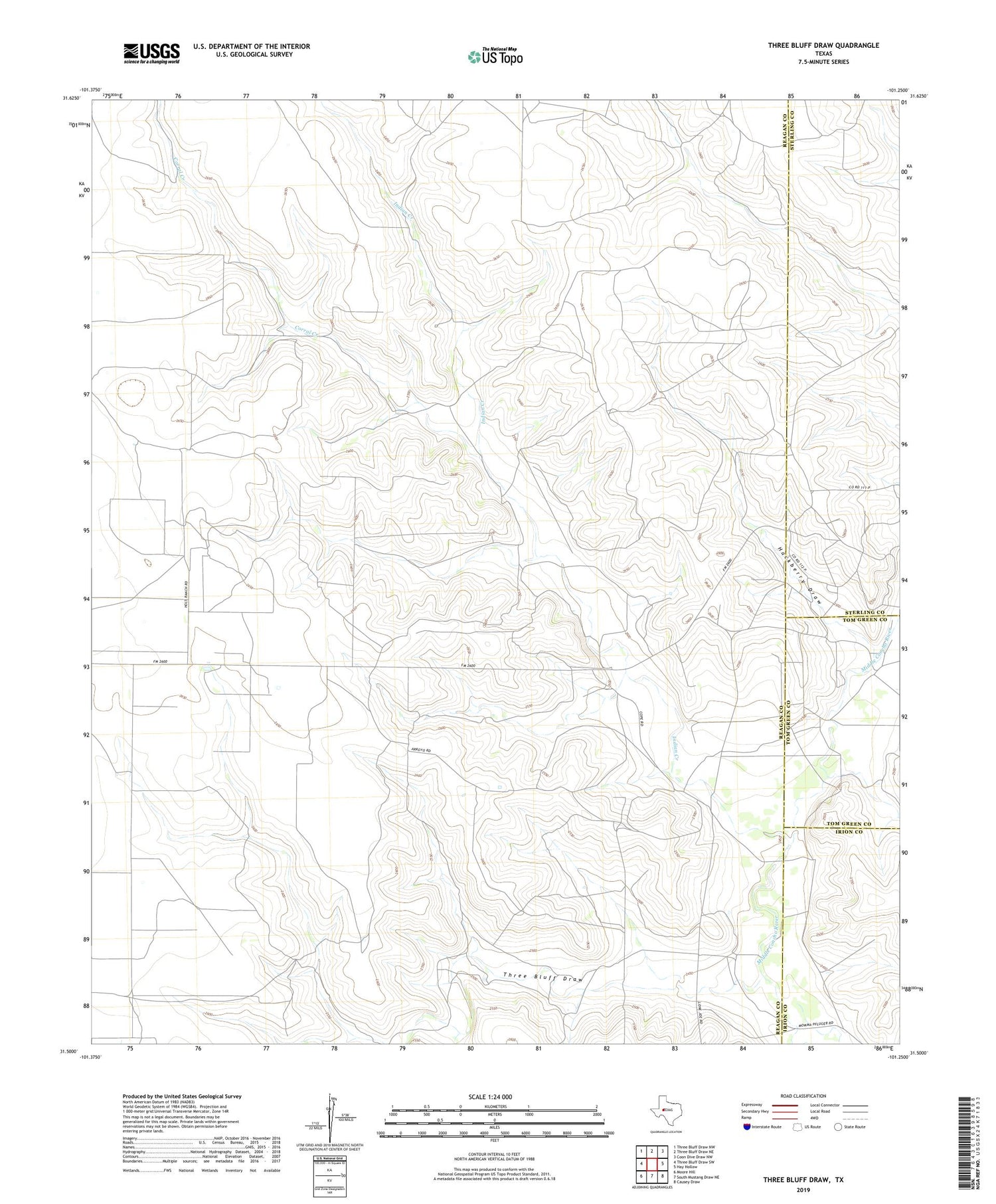 Three Bluff Draw Texas US Topo Map Image