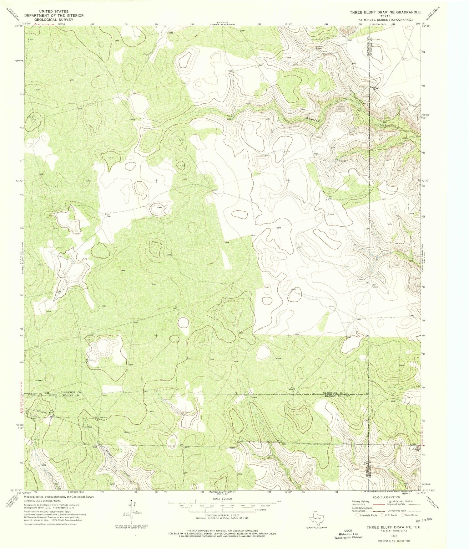 Classic USGS Three Bluff Draw NE Texas 7.5'x7.5' Topo Map Image
