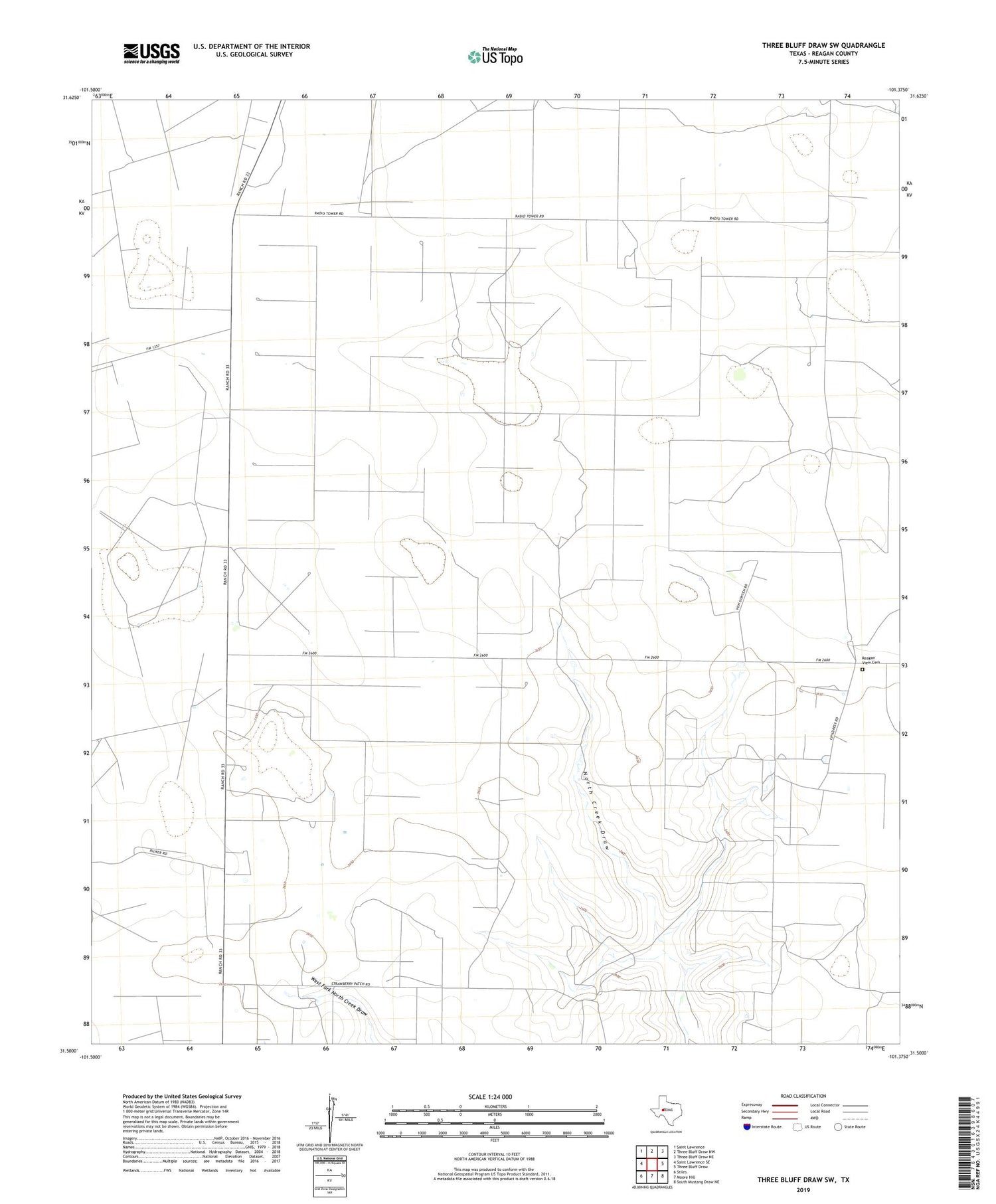 Three Bluff Draw SW Texas US Topo Map Image