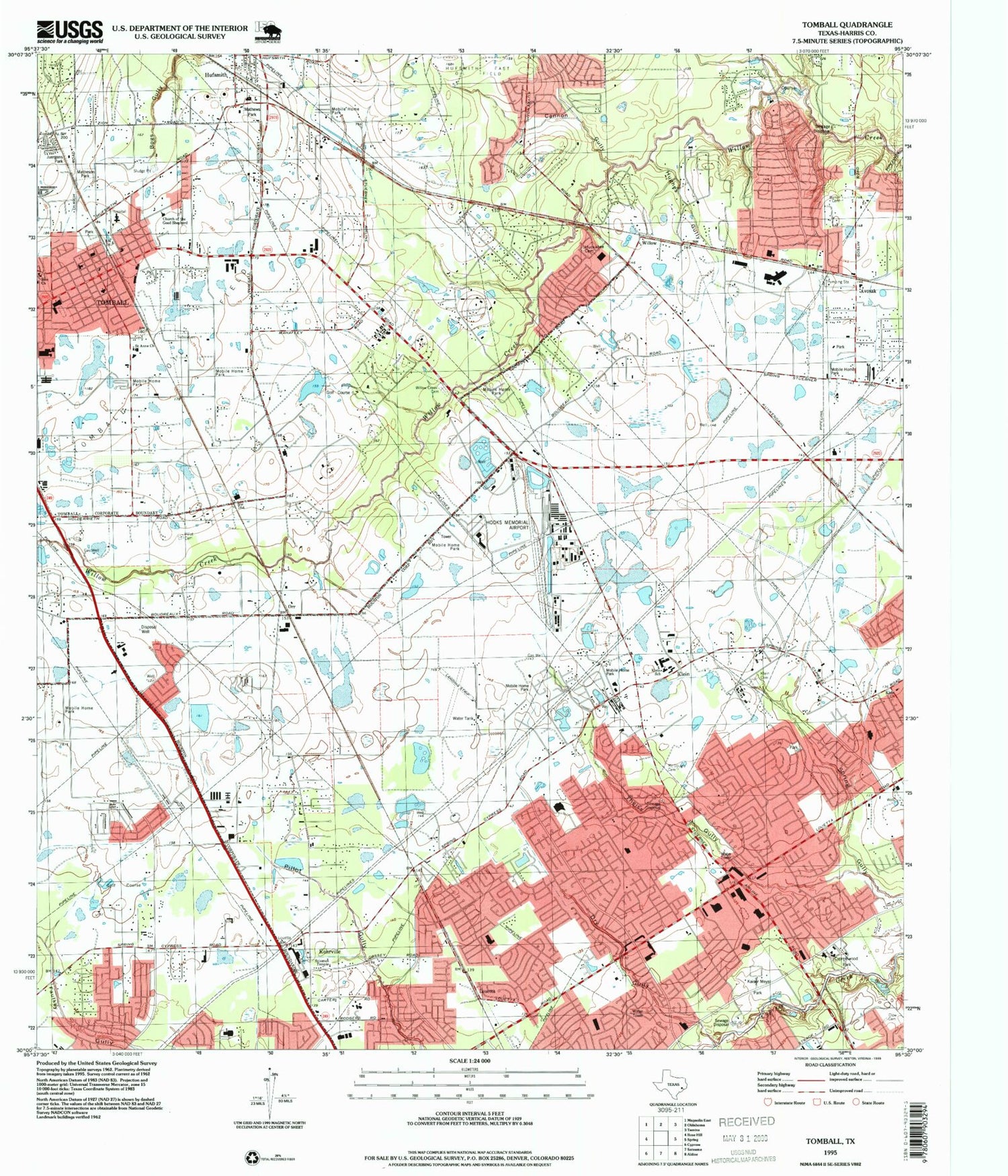 Classic USGS Tomball Texas 7.5'x7.5' Topo Map Image