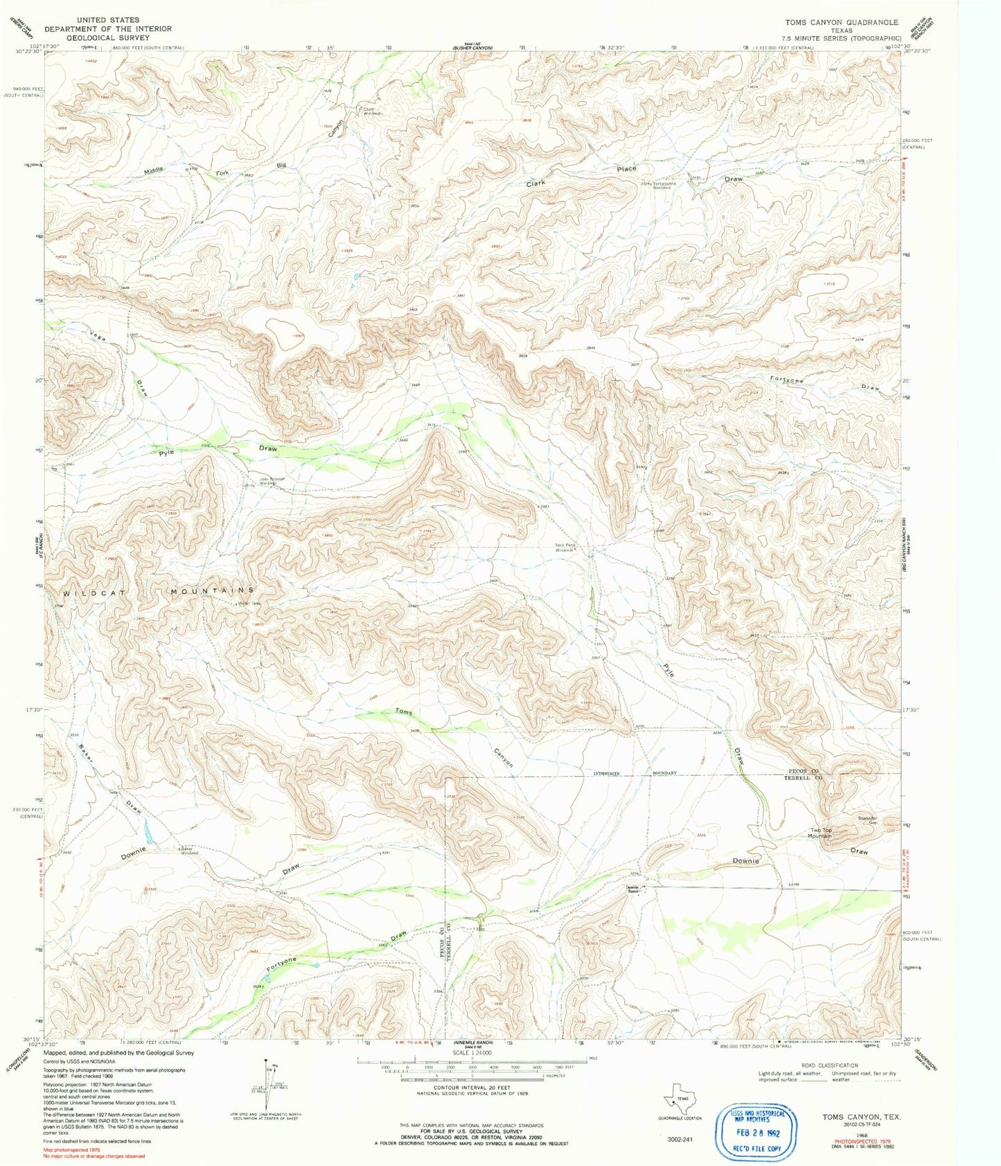 Classic USGS Toms Canyon Texas 7.5'x7.5' Topo Map Image