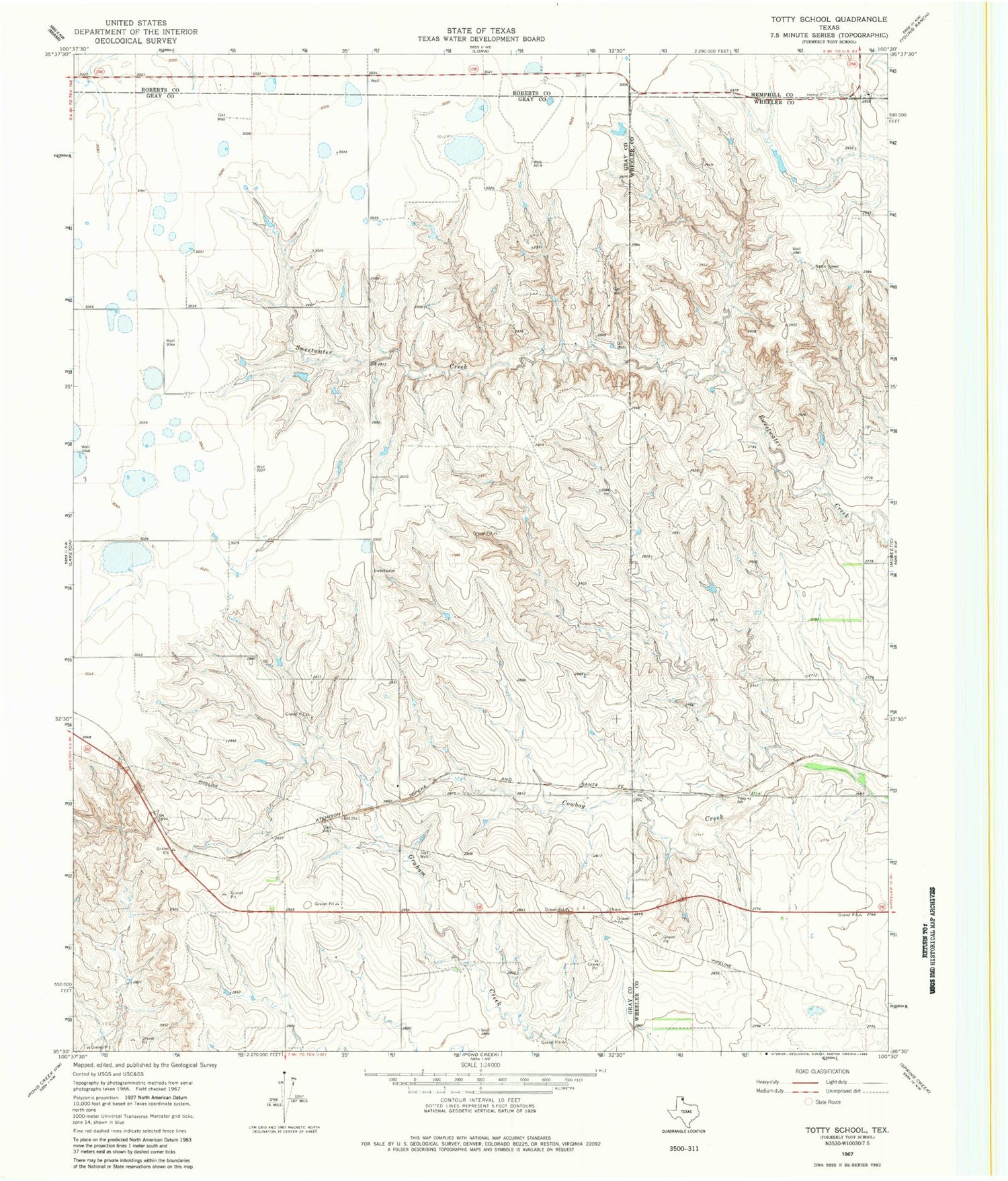 Classic USGS Totty School Texas 7.5'x7.5' Topo Map Image