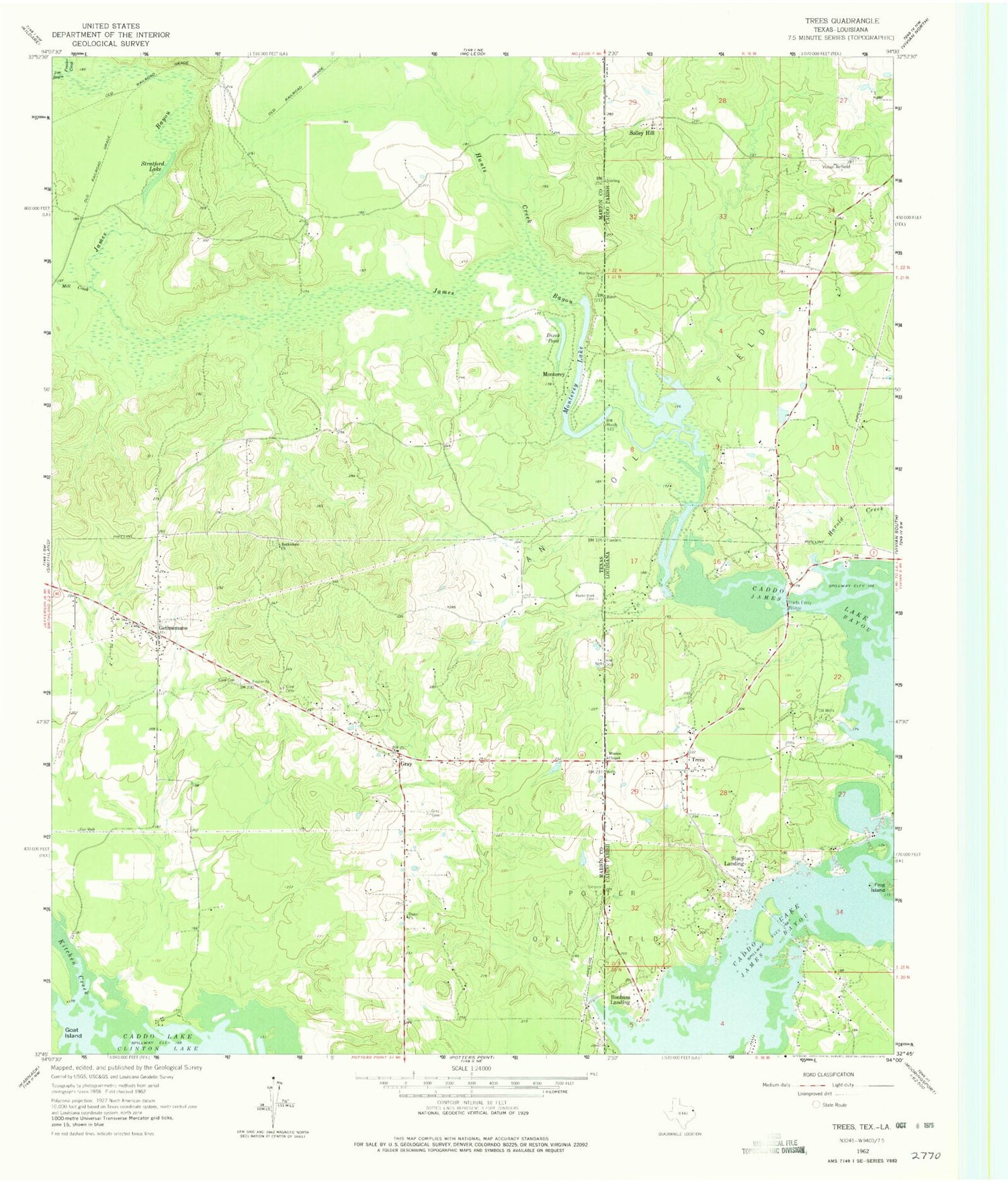 Classic USGS Trees Louisiana 7.5'x7.5' Topo Map Image